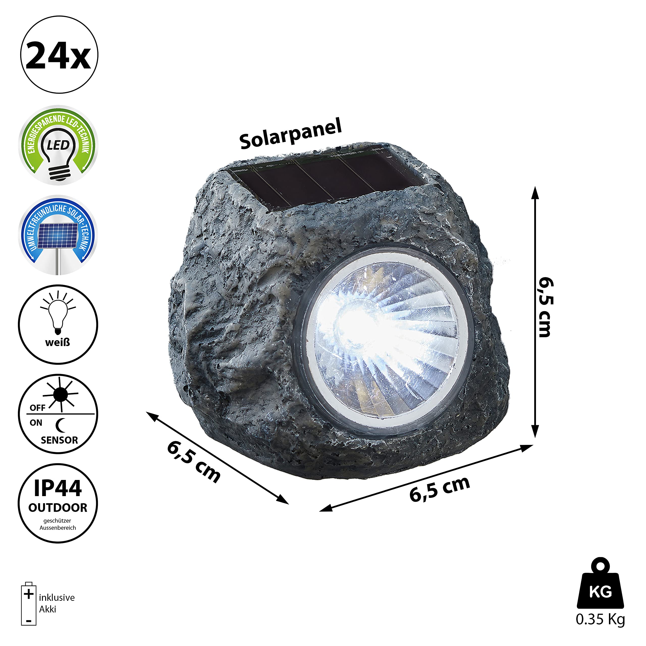 Cepewa Set di 24 lampade a energia solare, effetto pietra, colore nero, 6,5 x 6 x 5 cm, in poliresina, funzionamento a batteria, lampada da giardino (1 set di 24 lampade solari in pietra)