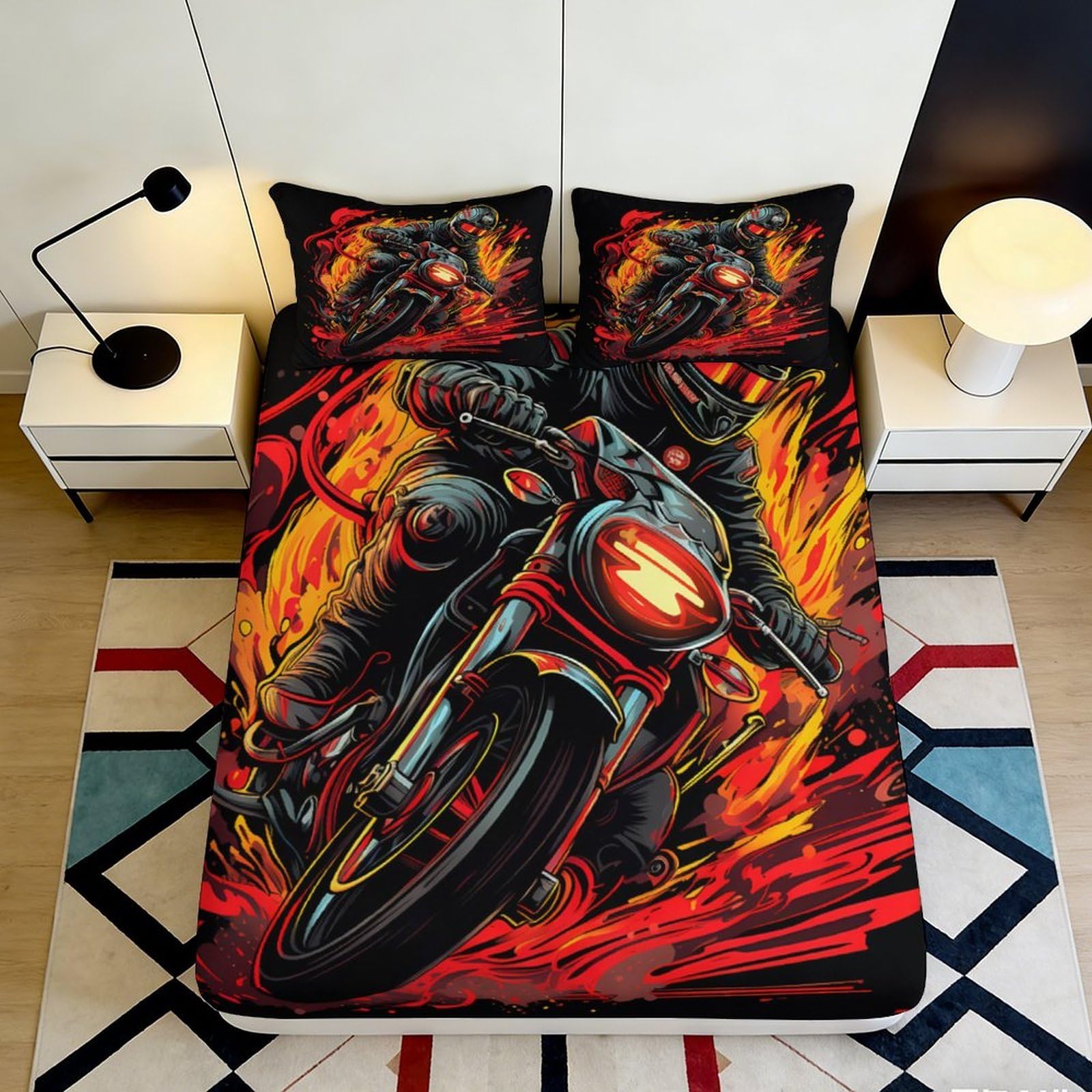 Kzqnxhjprl Style-4 3D Printed Flaming Motorcycle Fitted Sheet Microfiber Non-Slip Bed Cover For Bedroom Youth Dorm Mattress Decor 90X200x25cm