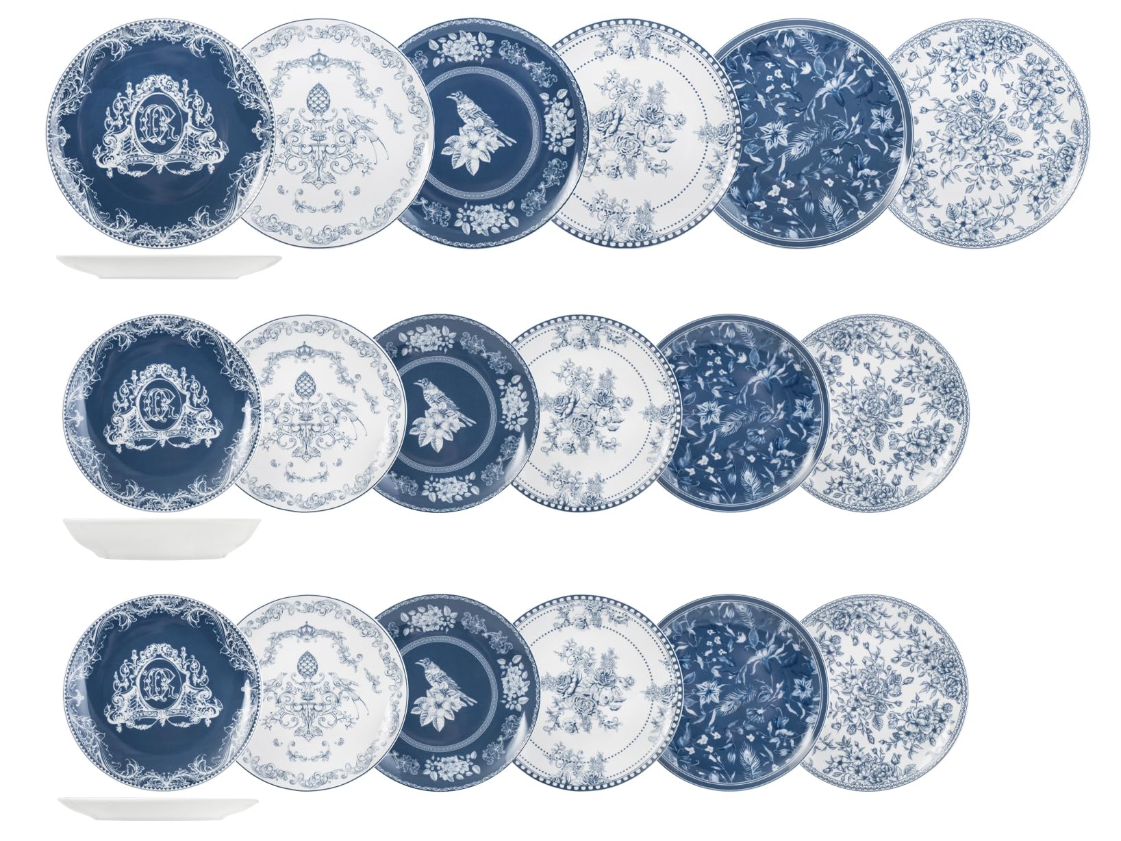 H&H, servizio tavola 18 pezzi Chelsea Garden, set tavola per 6 persone, elegante ed eclettico, stile inglese, decori blu e bianchi, in porcellana, lavabile in lavastoviglie