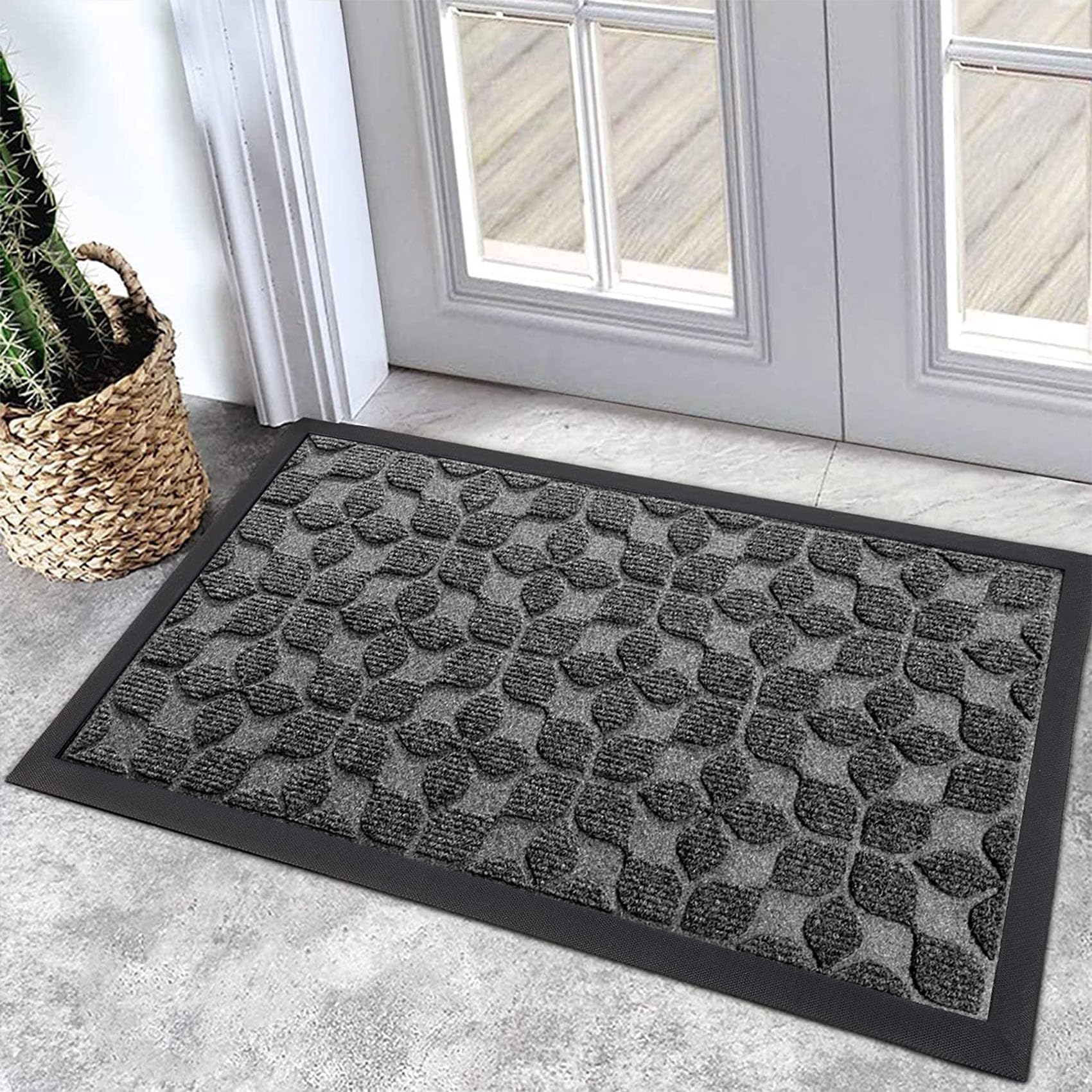 Bulijojo Sturdy Front Entrance Doormats,Durable Heavy Duty Welcome Mat,Thick Absorbent Natural Rubber Non Slip Mat,Easy Clean Entryway Mat 17"x30" Geometric Grey