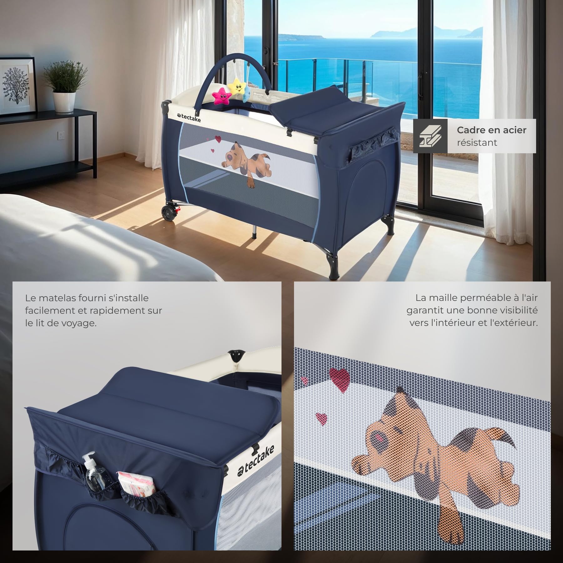 tectake® Lit Parapluie avec matelas Pliable Lit Bébé voyage léger réglable sur roulettes avec Accessoires bébé & Sac de Transport, Mobilier enfant idéal pour Maison ou Voyage Equipement bebe Parc bebe