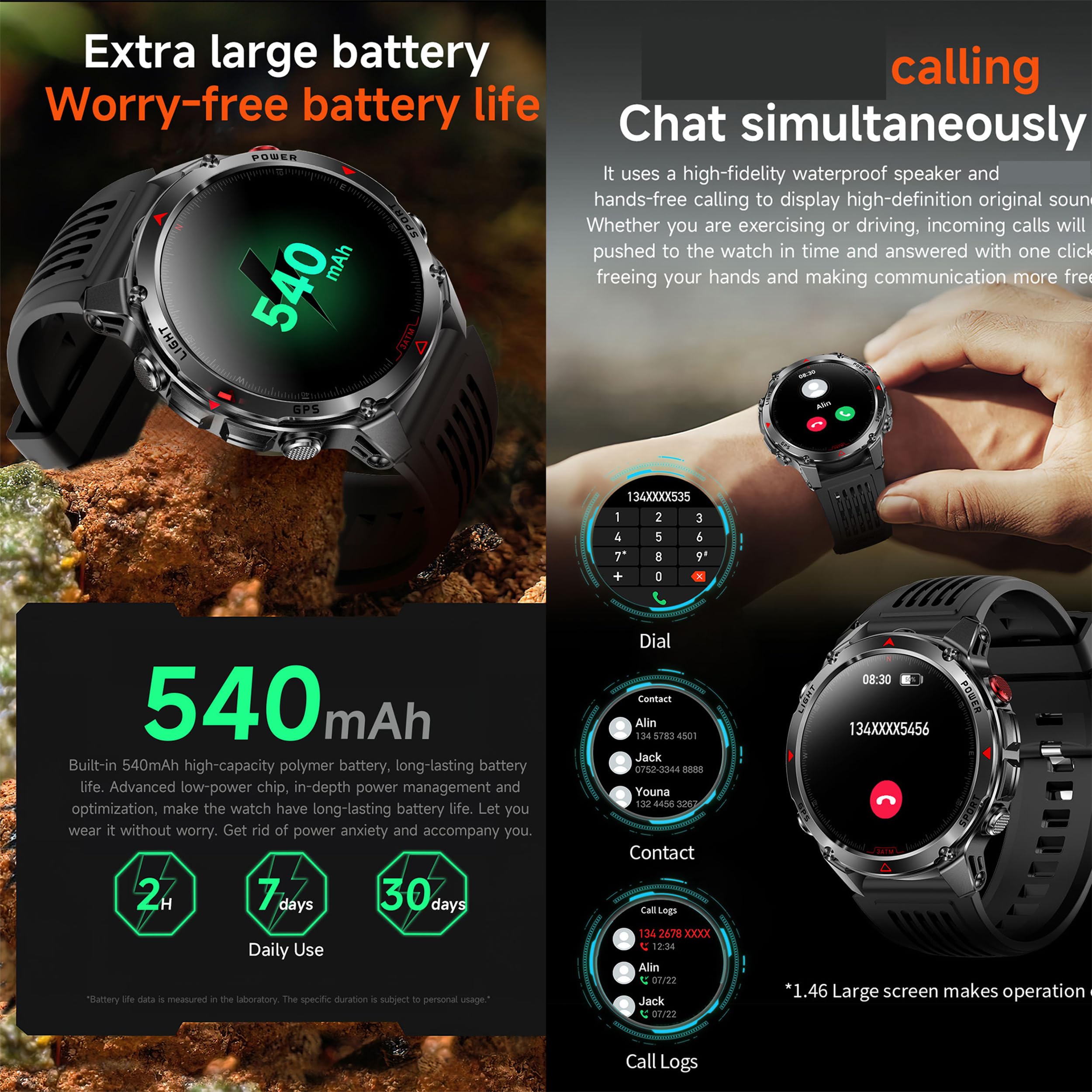 Reloj Inteligente Hombre con Llamadas, 1,46 Pulgada Smartwatc Hombre Deportivo con Podometro Pulsometro SpO2 Sueño Presion Arterial Actividad IP68 Reloj Digital para iOS Android (Plateado)