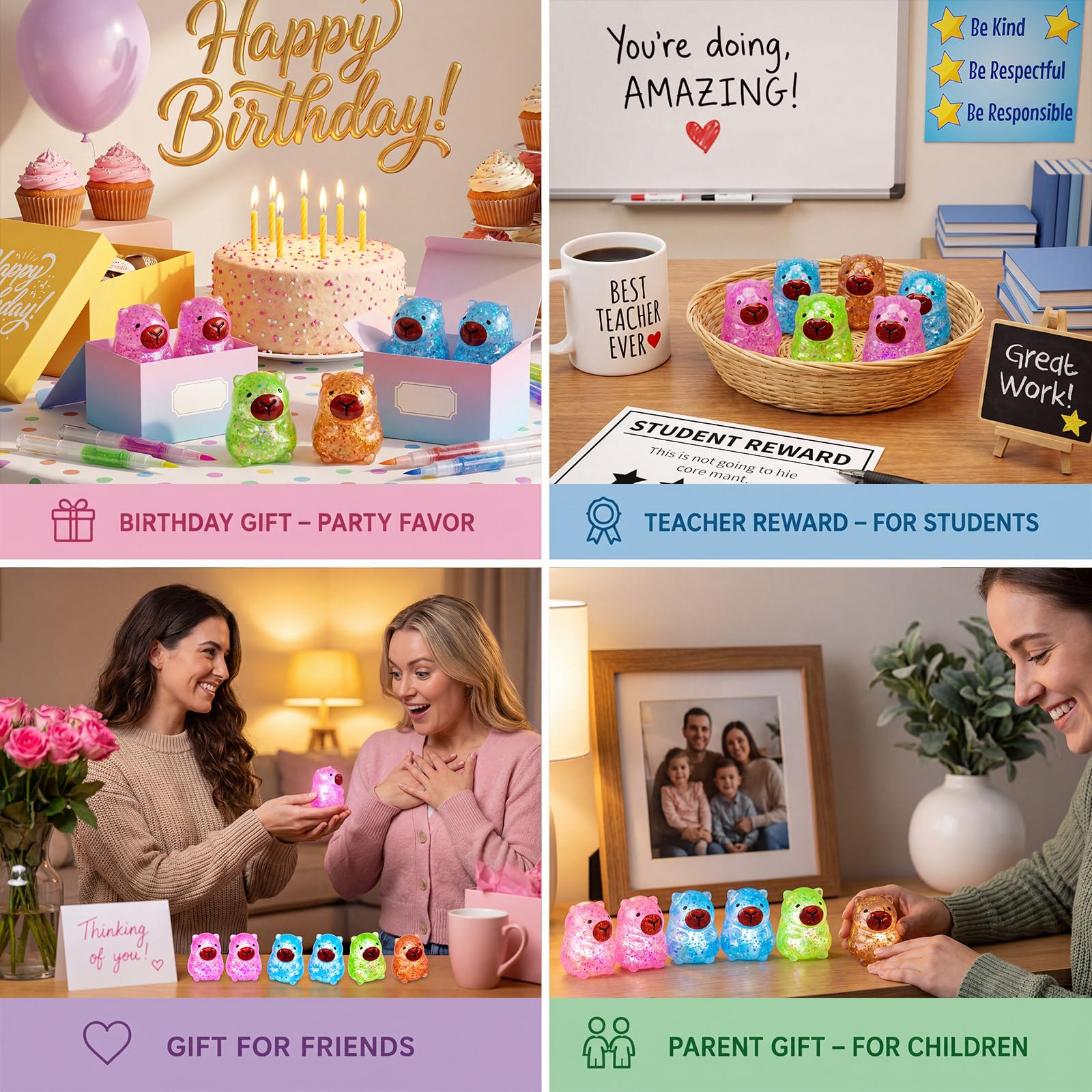 Simgoing 6 piezas sensoriales para aliviar el estrés con purpurina capibara apretar, 4 colores, lindo relleno de azúcar de malta, elástico, para adultos, regalo relajante para fiesta de cumpleaños