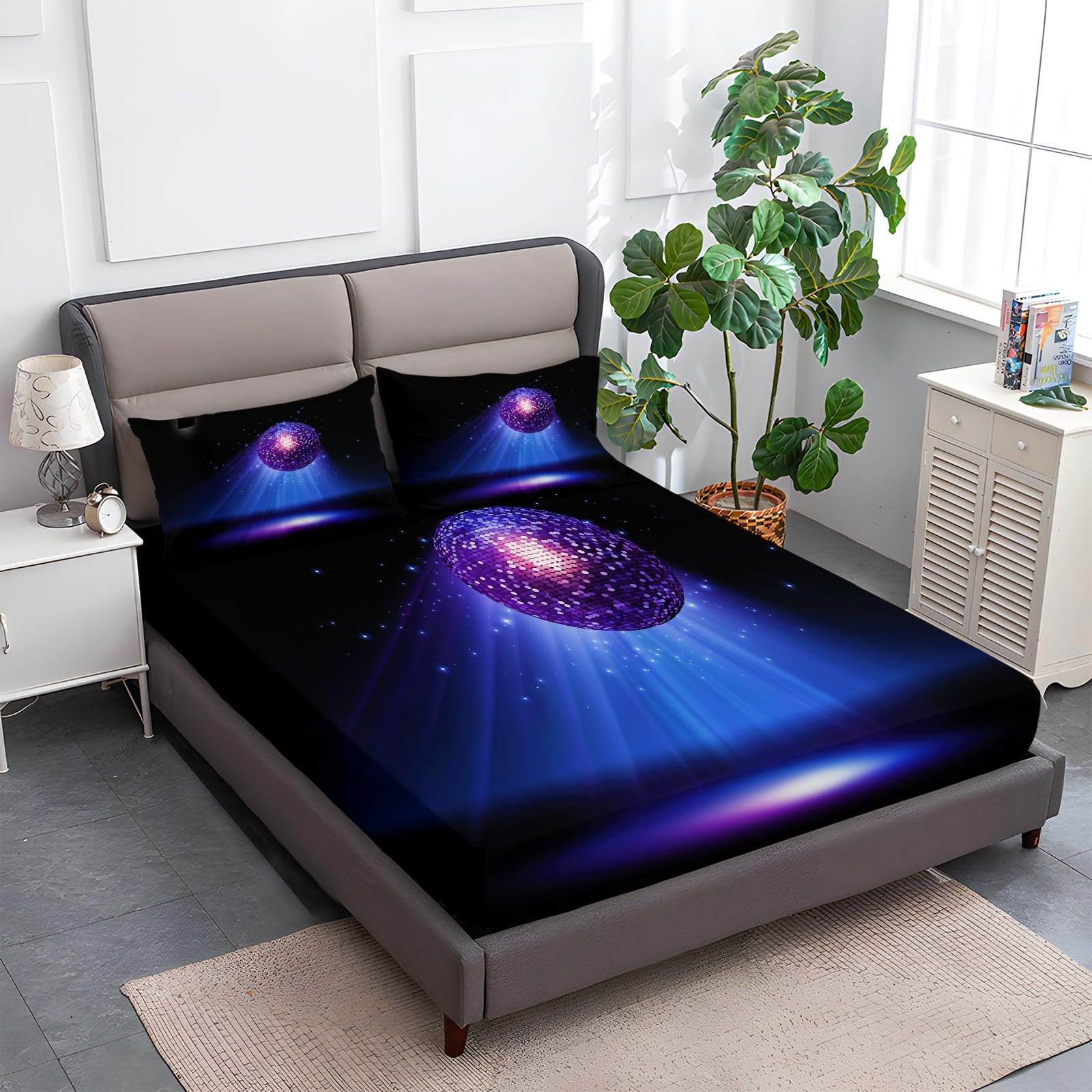 Sábana Bajera Impresas de Microfibra Suave Bola De Discoteca Minimalista con Luz Suave Cómoda Transpirable Tela, Elástico en el Borde Bolsillo Profundo 30cm, 180 x 200 cm, Negro