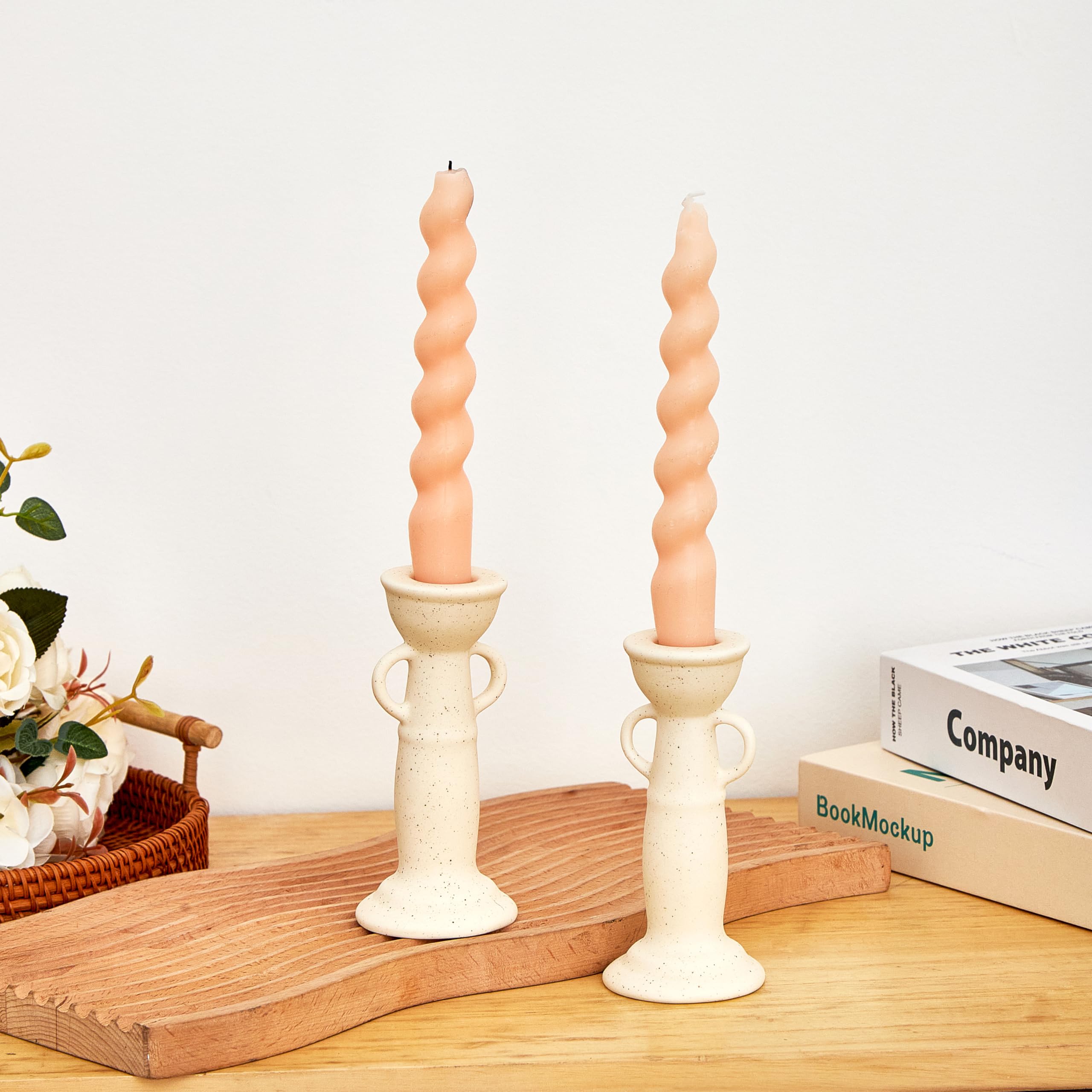 DeniqueCeramic Candle Holders Set of 2, Creative Modern Minimalist Candlestick Holder Set, Table Centerpiece Taper Candle Holders, Candlelight Dinner Creative Decoration Ornaments (Beige)