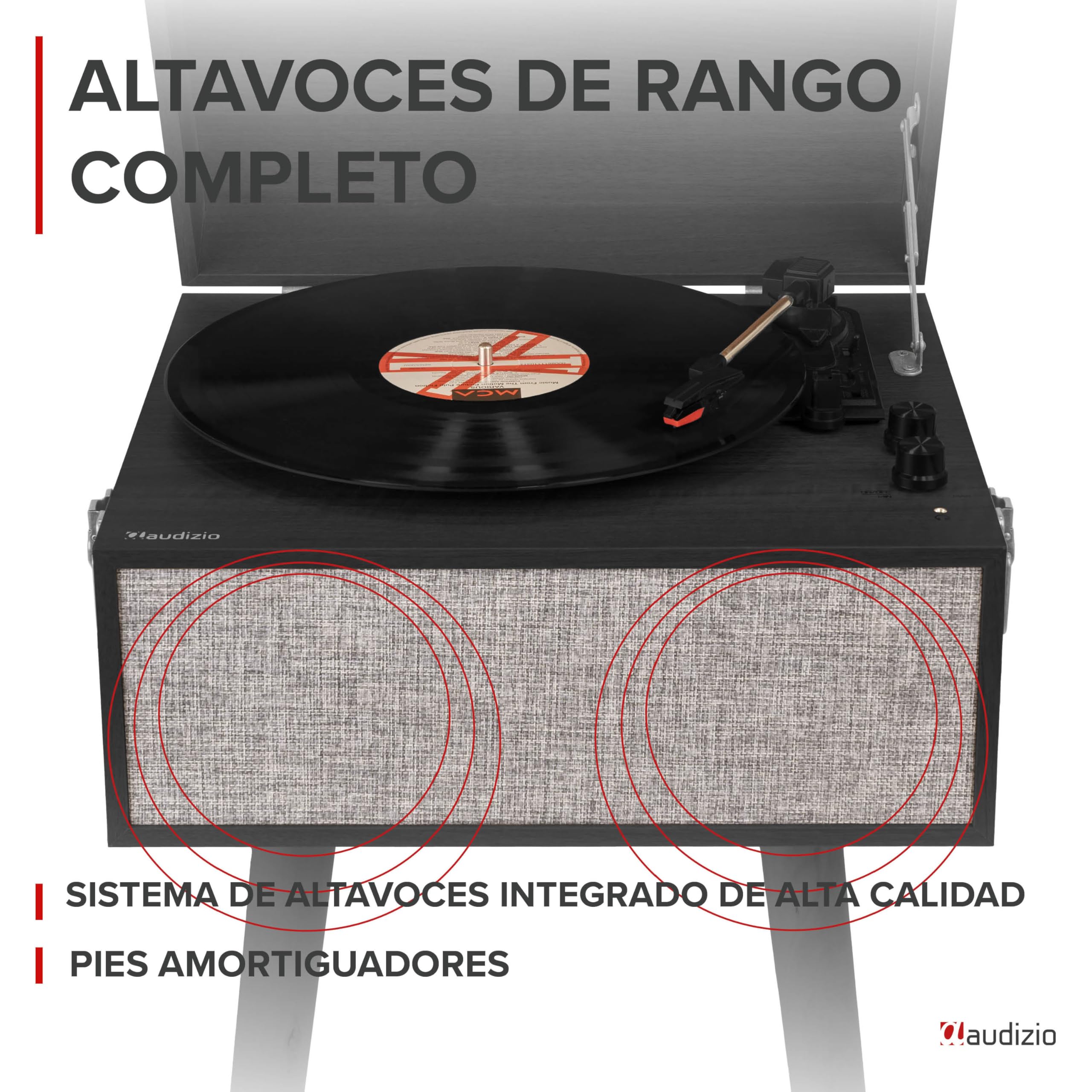 Audizio Fremont - Tocadiscos Retro con Patas de Madera, Bluetooth bidireccional, USB para digitalizar vinilos, Altavoces estéreo, RCA, 3 velocidades, Entrada AUX y Salida de Auriculares Color Negro