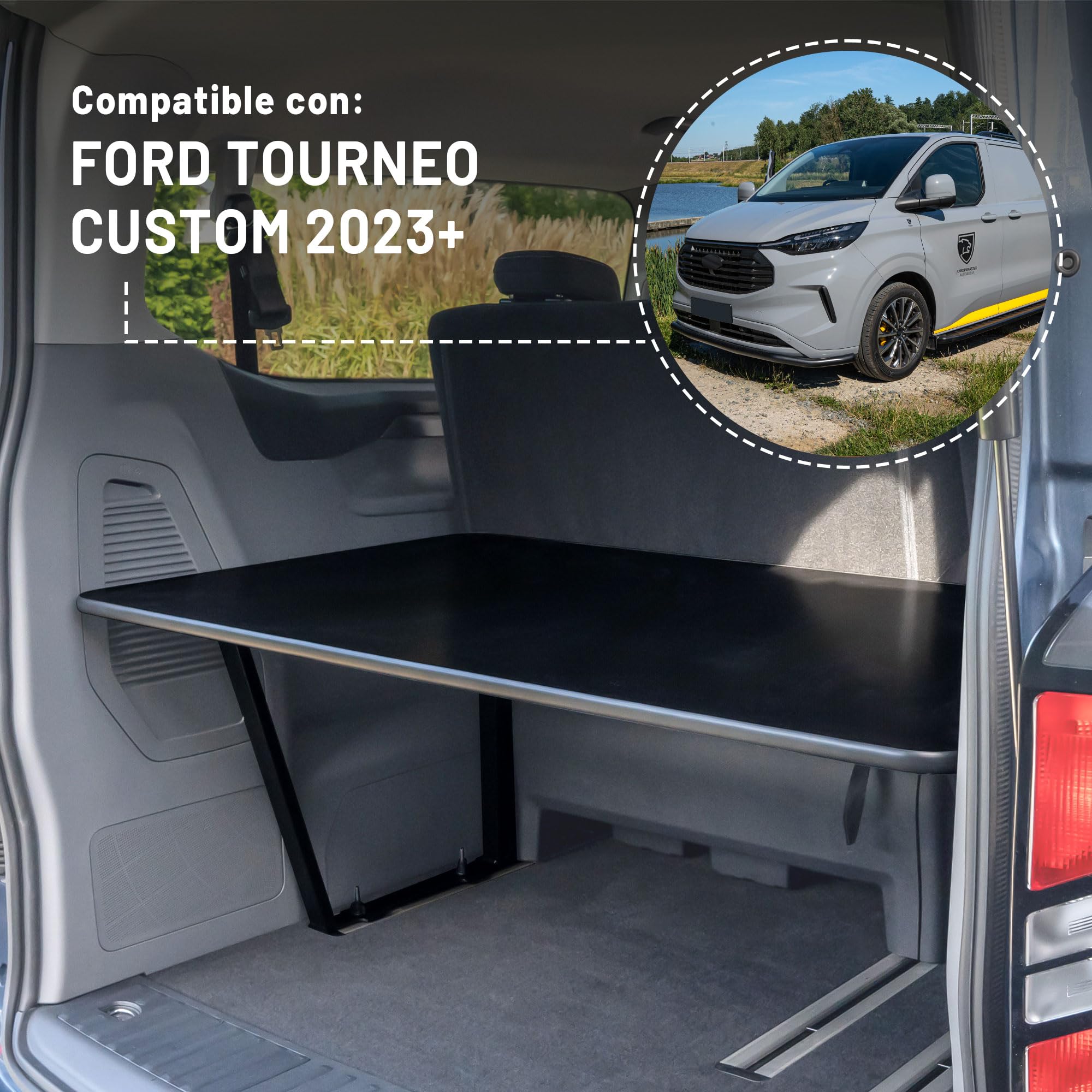 CHROMEMASTER Compatible con Ford Tourneo Custom II 2023+ ; Cama Plegable para Coche, Extensión de la Cama Multiflexboard para Caravana, Cama de Camping, Estantería, Mesa - Accesorio para la Caravana