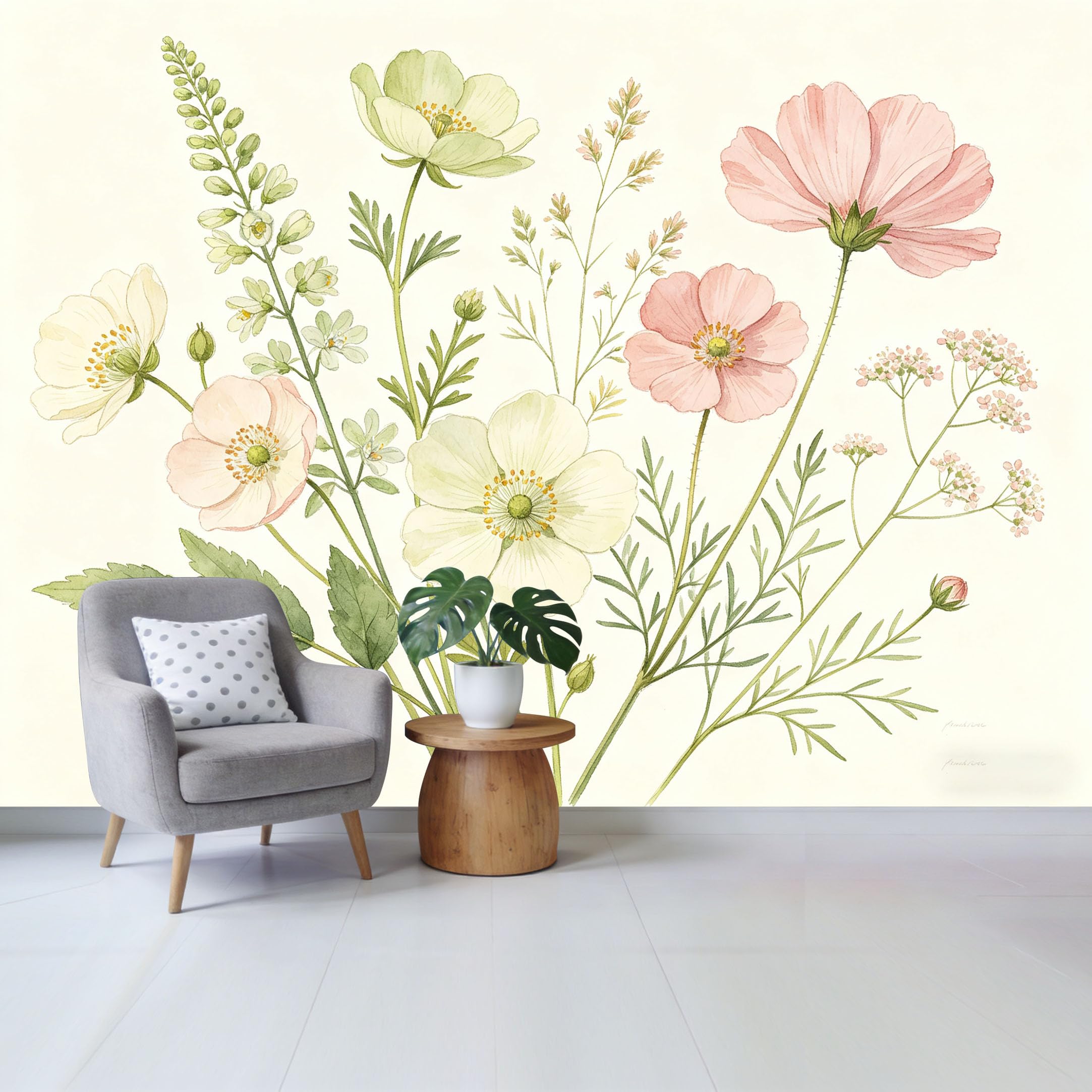 Custom Size Wall Mural Botanical Pink Cosmos Flowers Watercolor Illustration SelfAdhesive Wall Fabric Removable Wallpaper for Home Office Decor