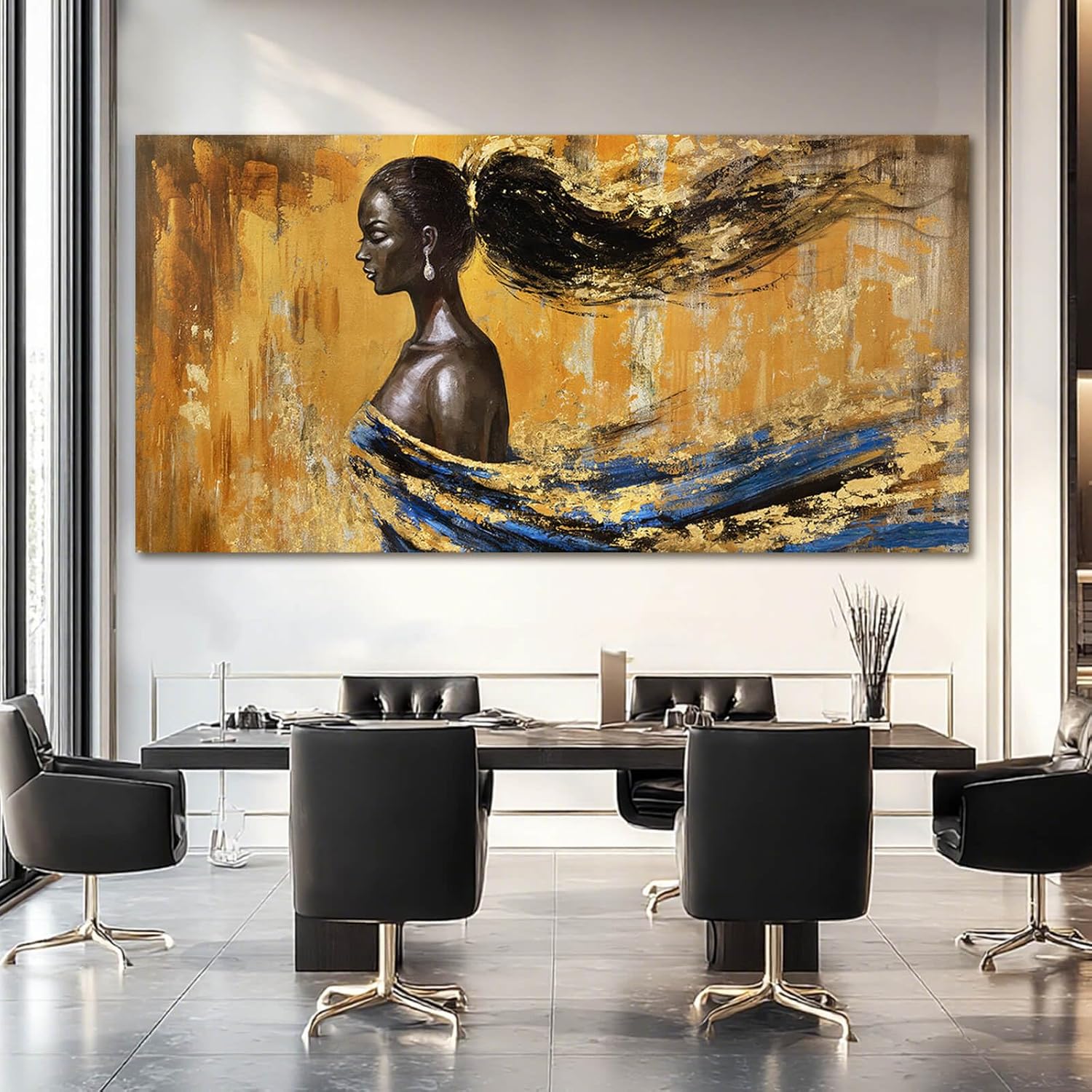 YETHEN WAL Large Black Woman Wall Art Abstract Gold and Blue Canvas Prints African Female Artwork Modern Home Decor for Living Room Bedroom Office 29x58 Inch
