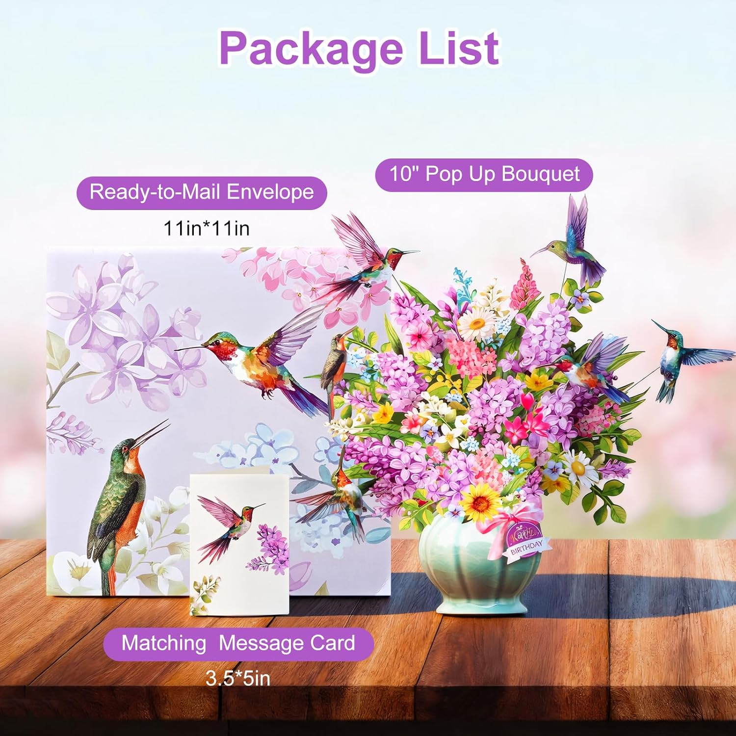 Birthday Cards, Light and Music Happy Birthday Card, Hummingbird Oasis, 10 Inch Life Sized Forever Flower Bouquet, 3D Pop Up Birthday Gift Card for Women Wife Mom Daughter Sister (Blank Notecard & Envelope) - Image 7