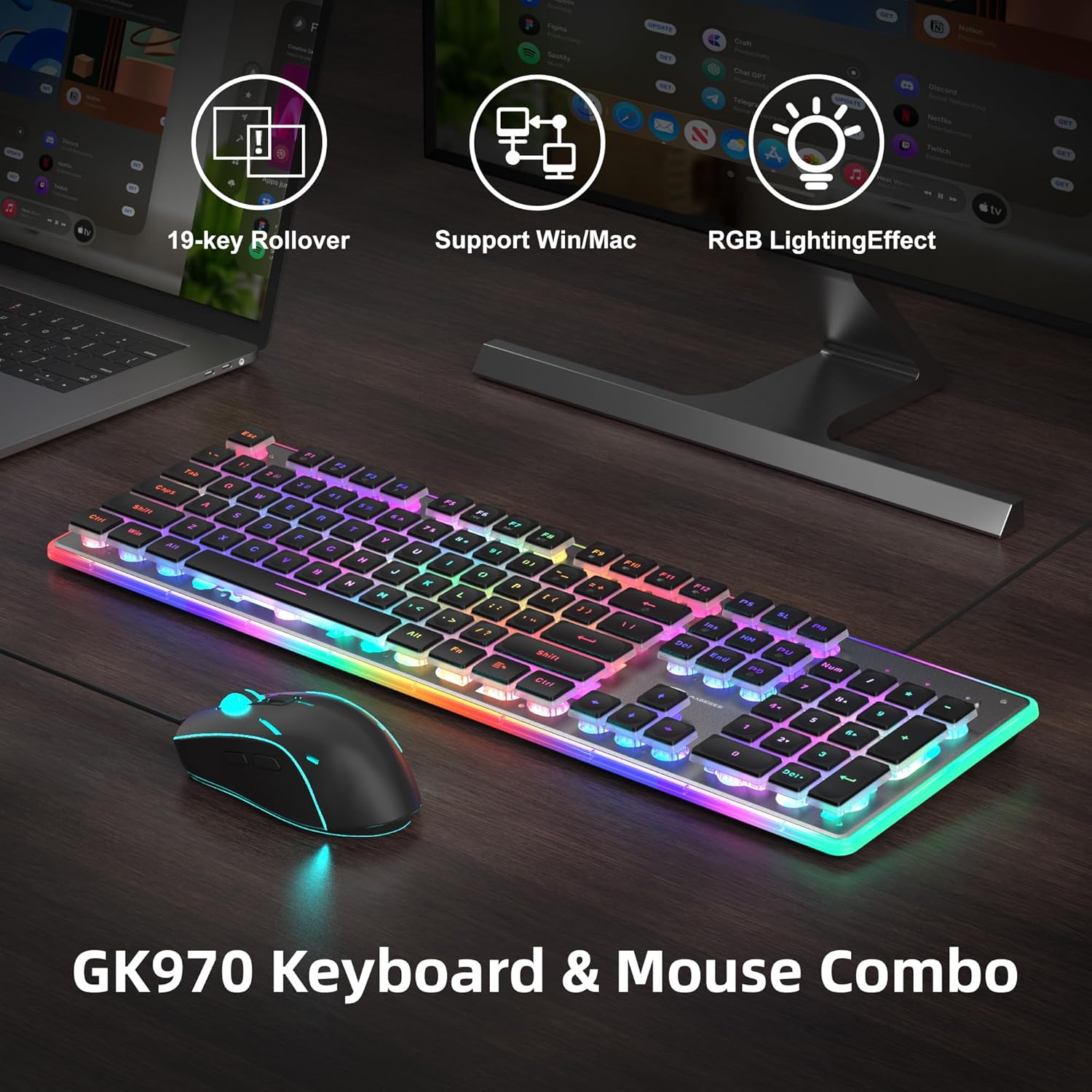 Camiysn Gaming Creamy Keyboard and Mouse, Black 104 Keys RGB and 6 Speed RGB Mouse Combo, Pudding Keycaps Silent Computer Keyboard for Computer/PC/Laptop/Mac/Windows/Office