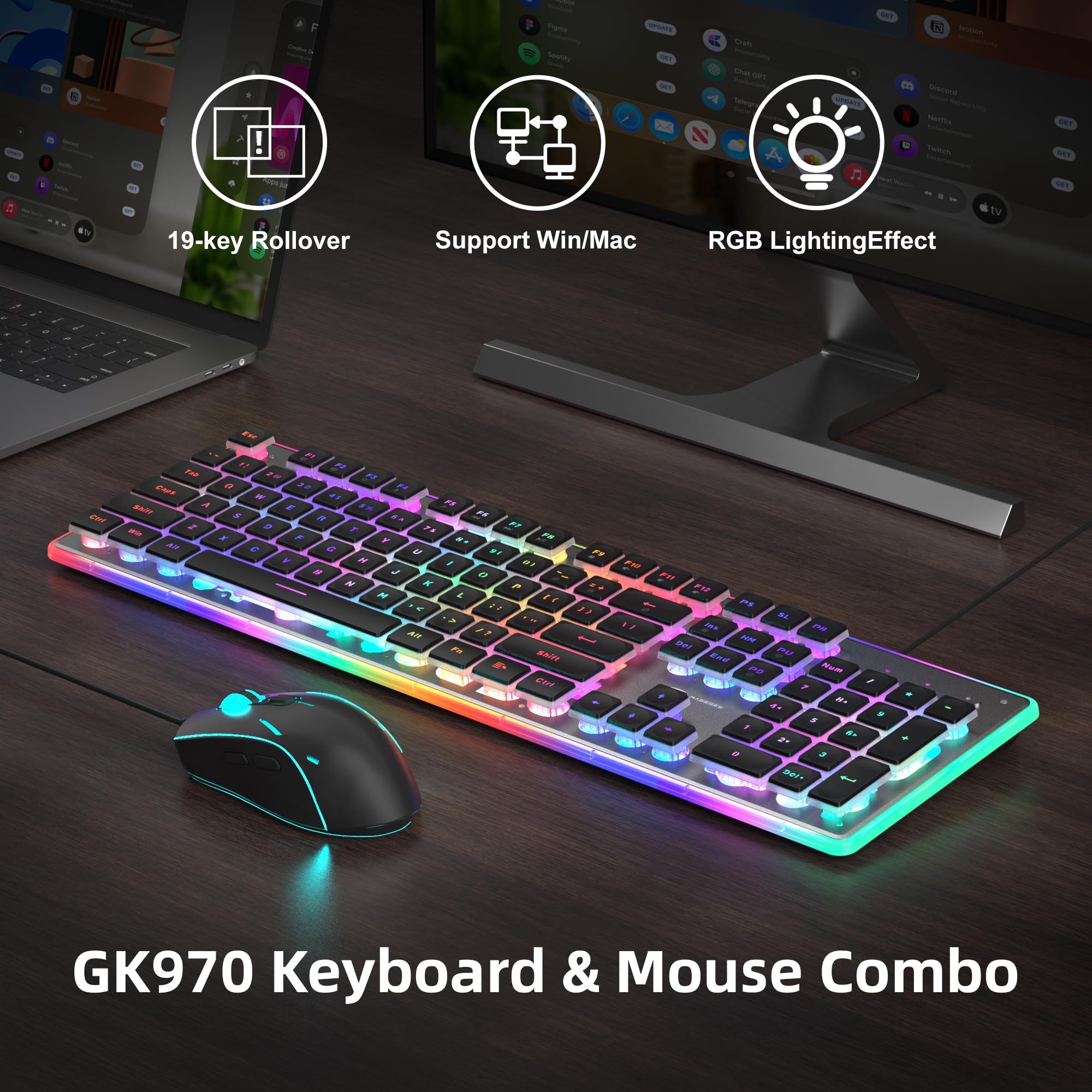 MageGee GK970 - Tastiera da gioco e mouse, tastiera retroilluminata cablata e mouse da gioco nero, tastiere per PC e mouse con sensibilità regolabile, per laptop/Mac (nero)