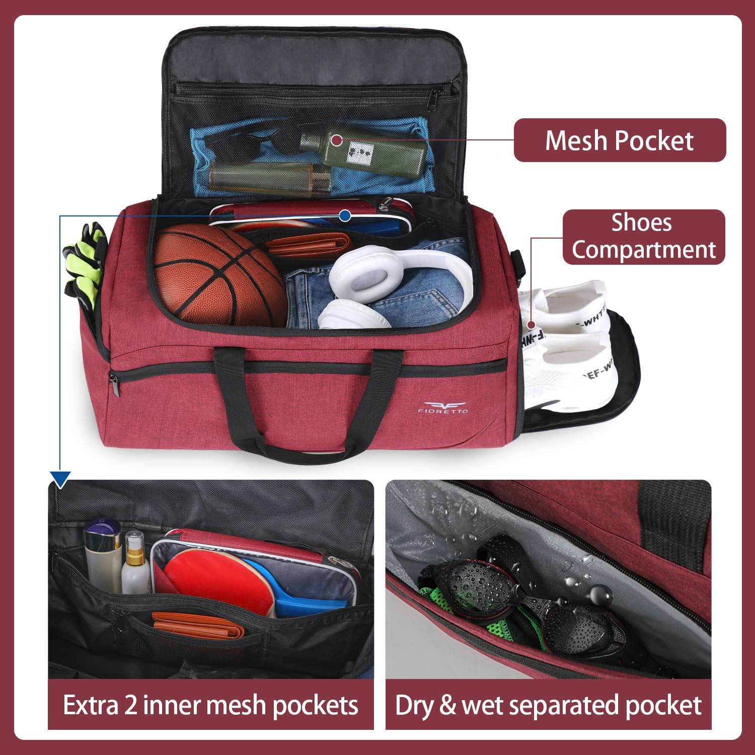 FIORETTO Sac de sport et de voyage 43L pour femmes et hommes, avec compartiment pour chaussures et pour vêtements mouillés, sac étanche pour sac de sport, gym, voyage, natation, sauna, football, 50 x