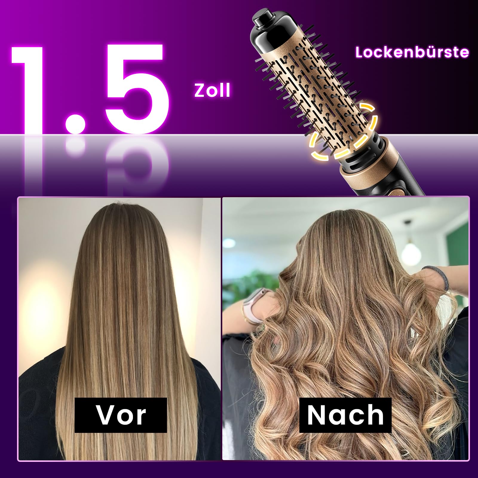 Rotierende Warmluftbürste, 3-in-1 Rundbürstenföhn mit 2 Bürsten (1,5"&2") zum Trocknen Styling Voluminierende Curling Schlafen in einem Schritt, 3 Temperaturen, Negativ-Ionische