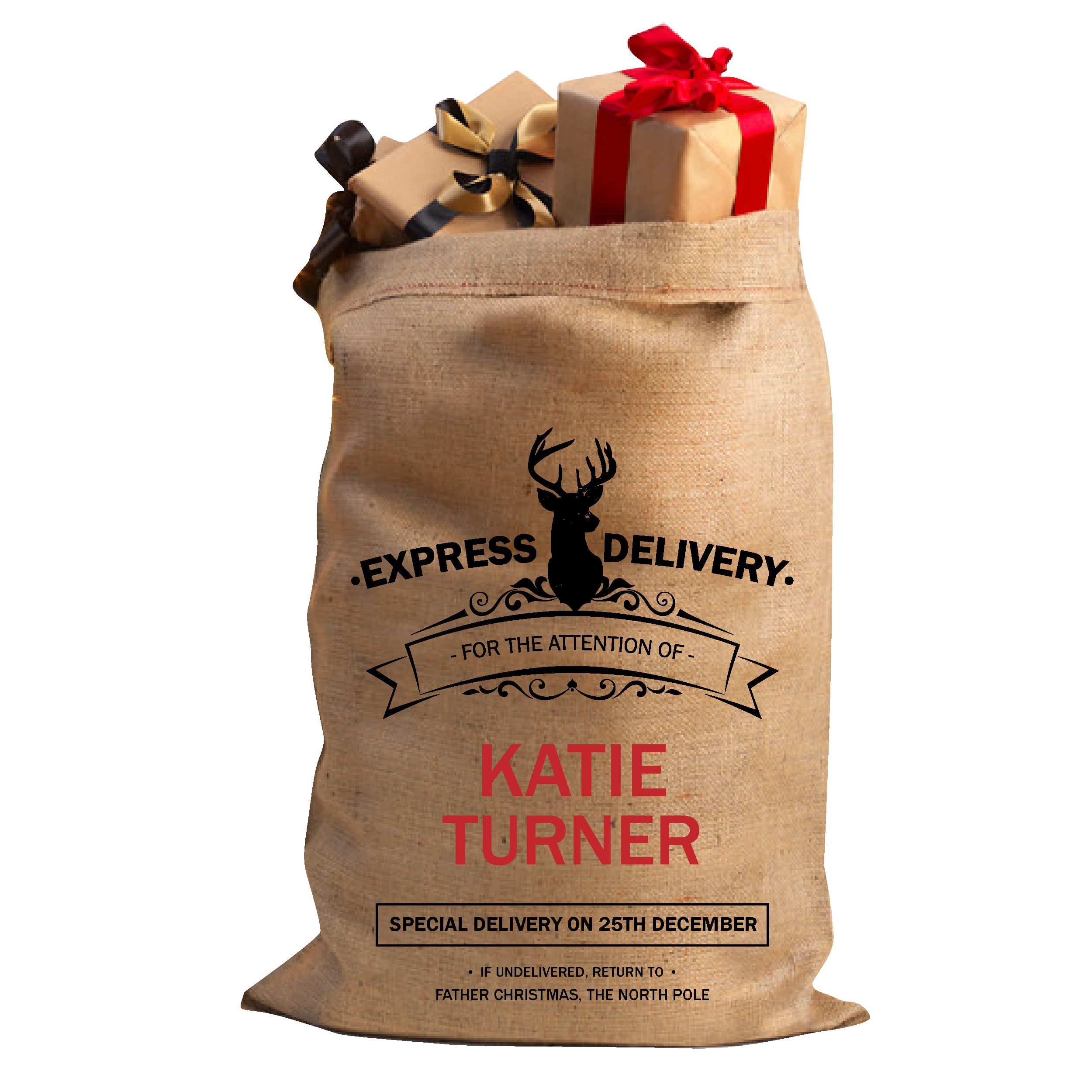 StickersWall Personalised Christmas Santa Sack Stocking Xmas Sack Extra Large Hessian Traditional Stocking Christmas Bag Reusable Holiday Present Bag (Express Delivery)
