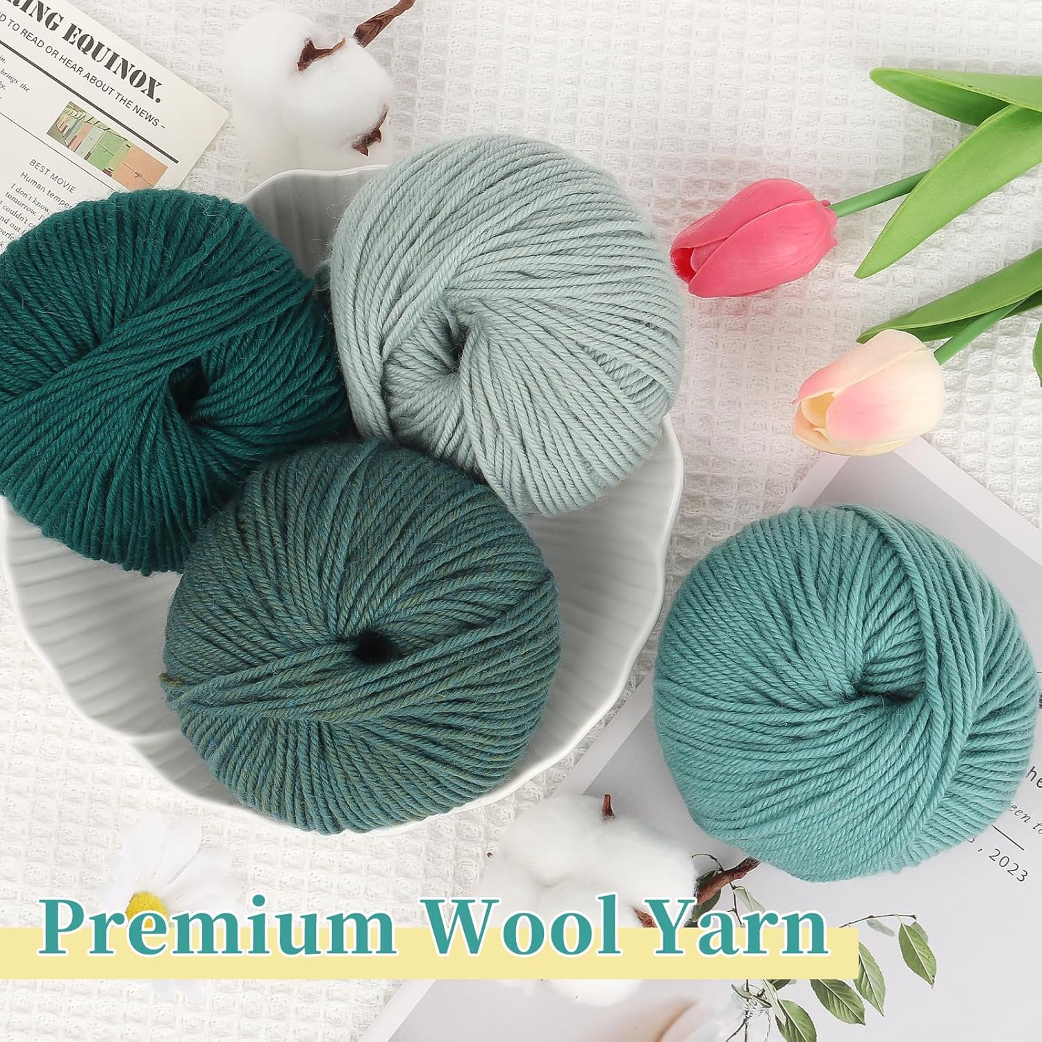 Coopay Yarn for Crocheting, 12 Premium Wool Yarns - 98% Wool 2% Cotton, 1.76oz, 164yds - Crochet Yarn for Clothes, Scarves, Blankets, Shawls (Green Family)