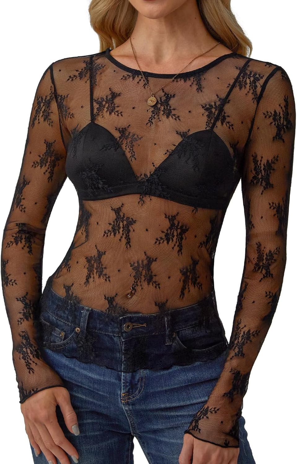 Womens Mesh Long Sleeve Tops Crew Neck Sexy See Through Tee Shirts Party Club Night Lace Blouse - Image 2