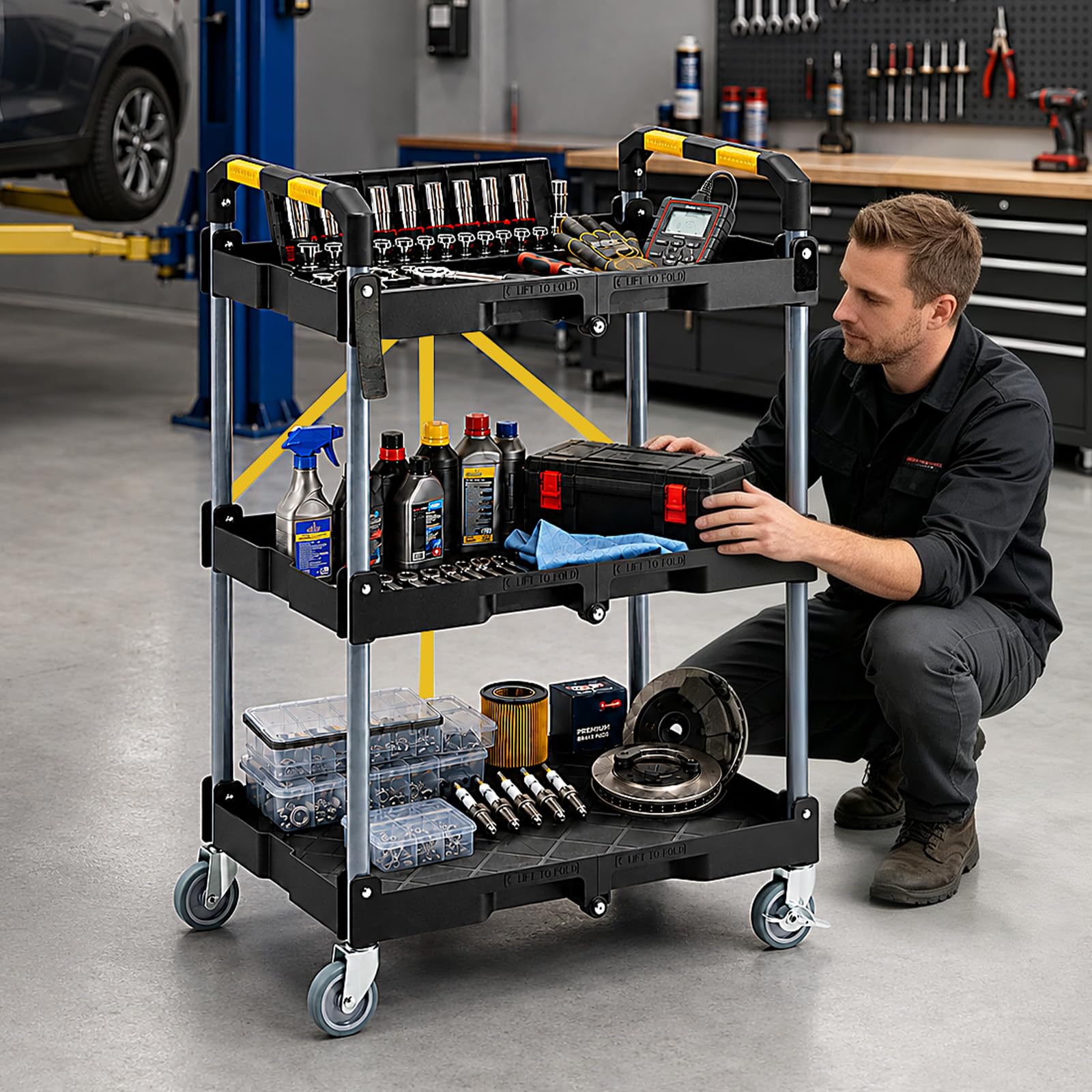 KINGRACK Carro Herramientas Resistente 3 Niveles Plegable con Ruedas | Carro multiusos ahorra espacio con ruedas silenciosas bloqueables para garaje, bricolaje, lavado coches, hogar y camping
