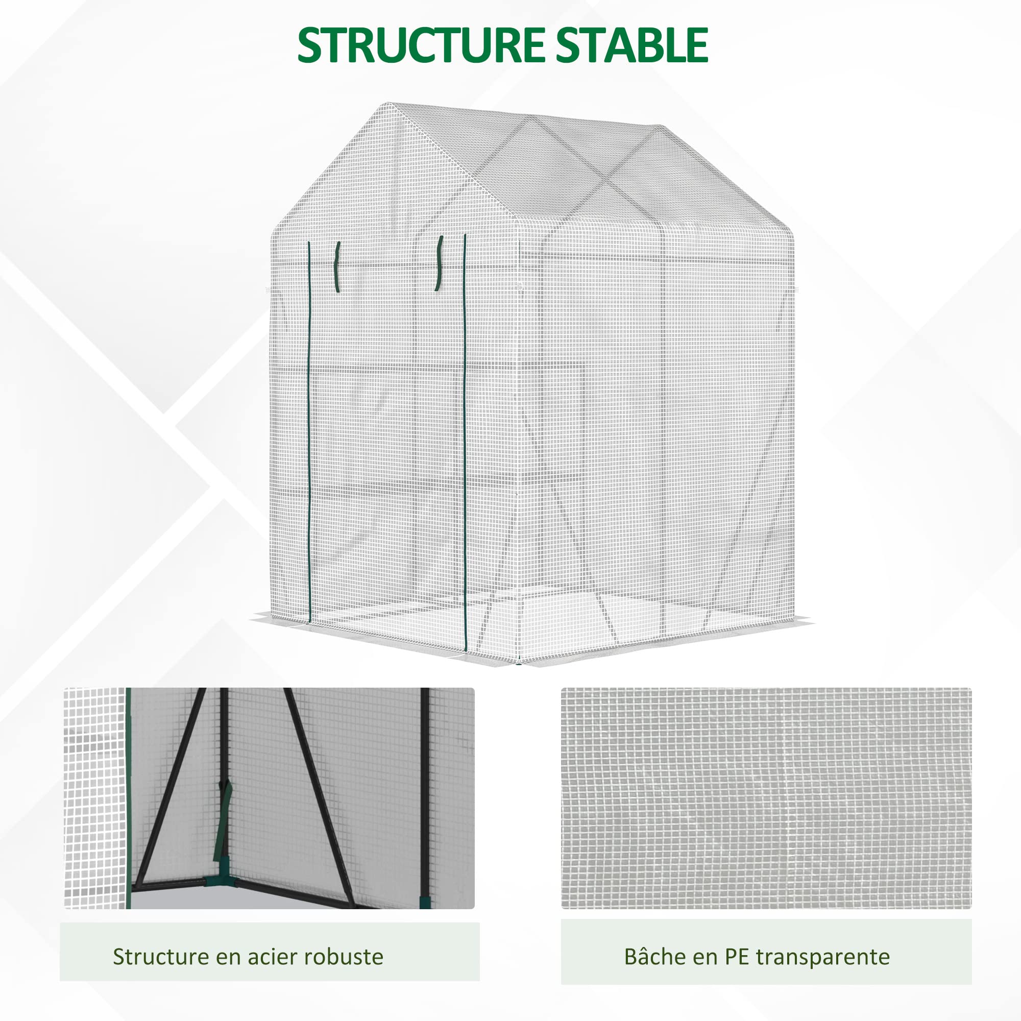 Outsunny Szklarnia ogrodowa z półką 2 poziomy dim. 1,43L x 1,43 l x 1,95H m Drzwi rozwijane ze stali PE o wysokiej gęstości 140 g/m² przezroczysta biała