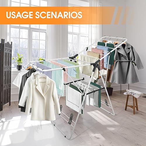 Miniatura 8 de Tendedero plegable de metal, con alas ajustables en altura, ahorro de espacio, uso en interiores y exteriores, color blanco
