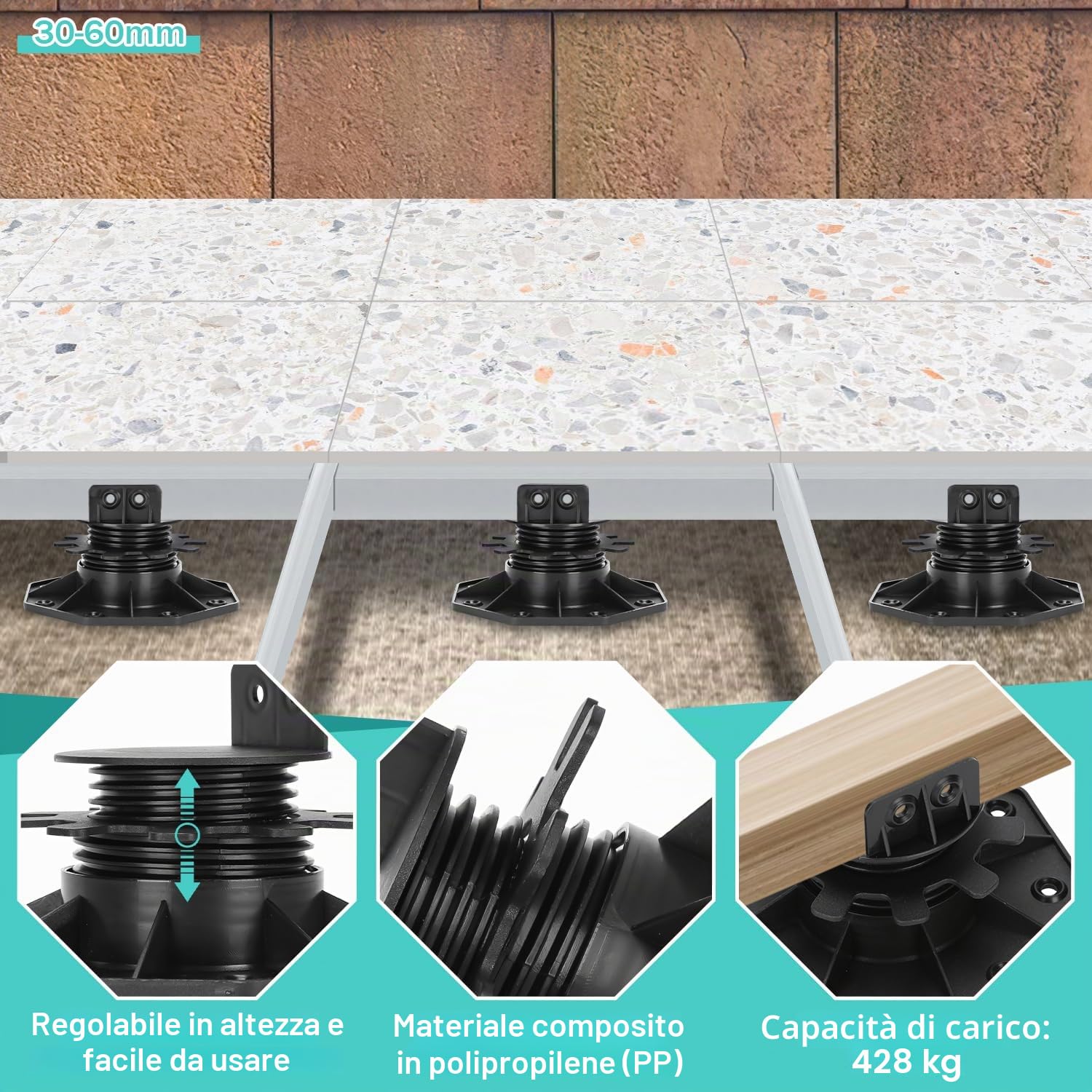 50 cuscinetti regolabili in altezza, 30 – 60 mm, per terrazze, piedini regolabili, cuscinetti per lastre di terrazze, lastre di pietra, pavimenti, piastrelle