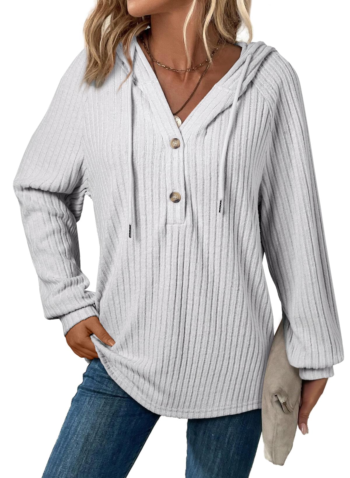 SHEWIN Sweaters for Women Causal V Neck Hooded Sweater Lightweight Knit Long Sleeve Fall Tops