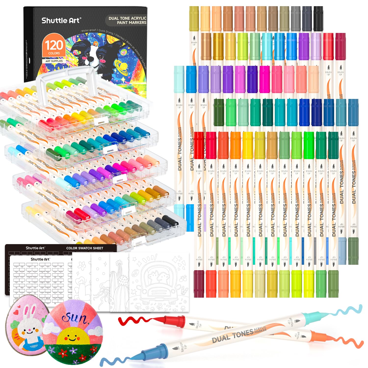 Shuttle Art 120 Colours Acrylic Paint Pens, 60 Pcs Dual Colours Acrylic Markers, Dual Tip Colouring Pens, Paint Markers for Rock Painting, Ceramic, Wood, Canvas, Glass, Stone, Fabric