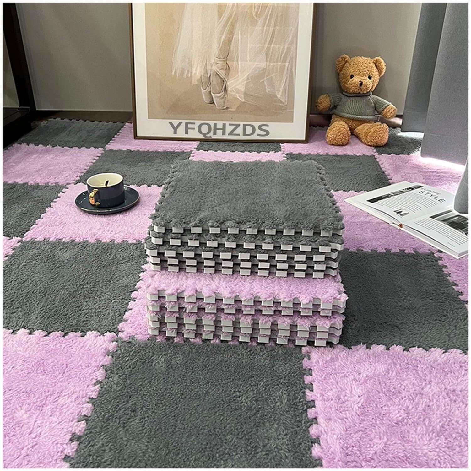 JvFbjLF Plush Foam Floor Mat 30pcs 30&60cm Square Puzzle Rugs Interlocking Foam Tiles(Gray+Purple,30x30x0.6cm)