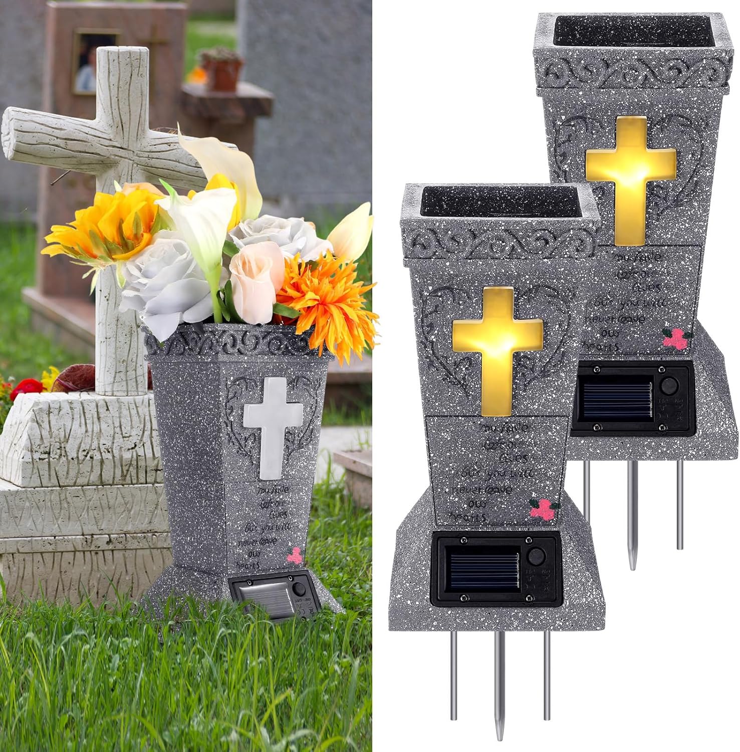 2 Pcs Solar Cemetery Grave Vase with LED for Fresh Artificial Flowers Headstones Vases with Spikes Grave Decorations for Cemetery Grave Markers Decor Memorial Gifts for Loss of Loved One