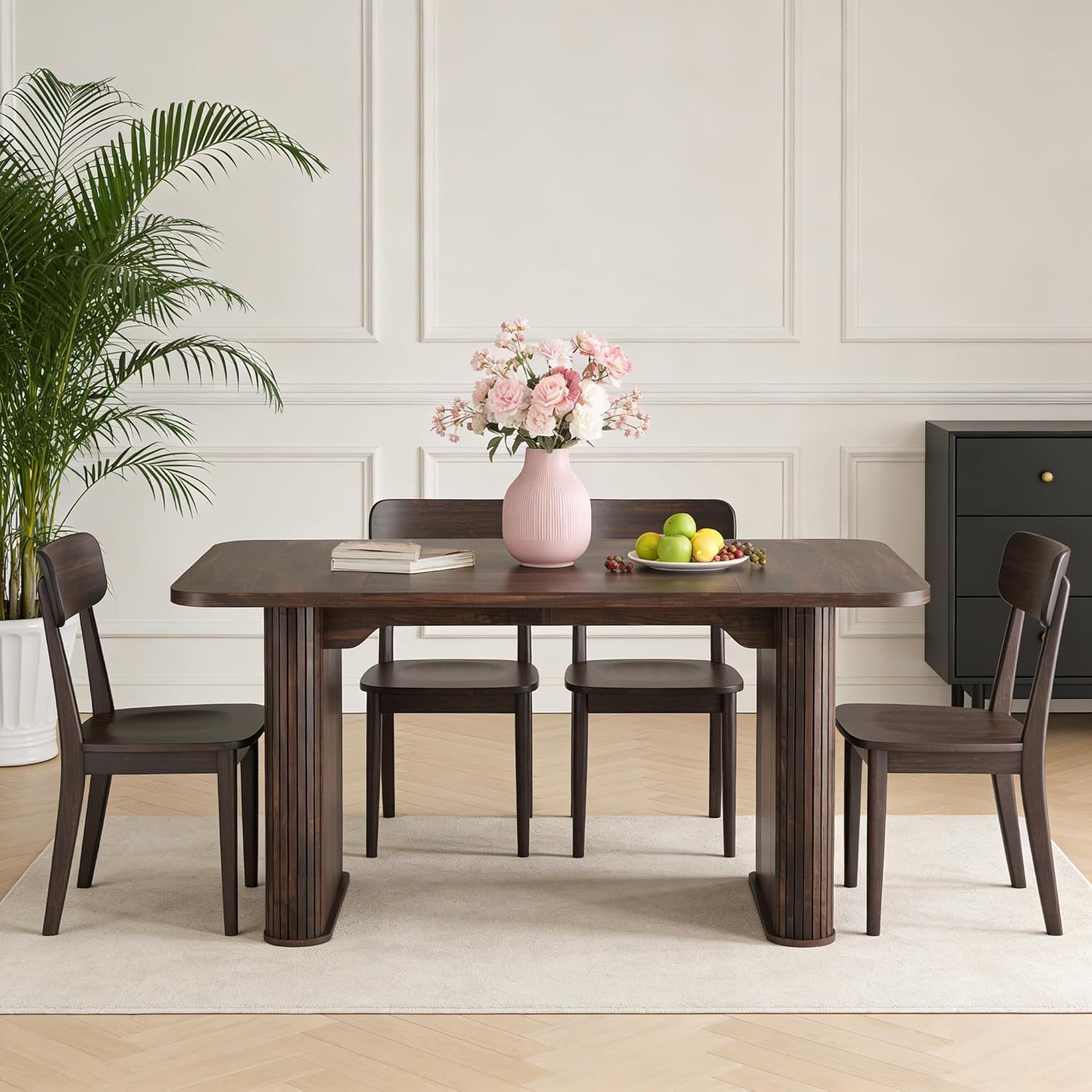 Dining Table for 6-8 People- 62" Modern Long Kitchen Table with Large Tabletop & Heavy Duty Pedestal Legs, Rectangular Dinner Table for Rectangular, Kitchen, Conference Room, Living Room, Black Oak