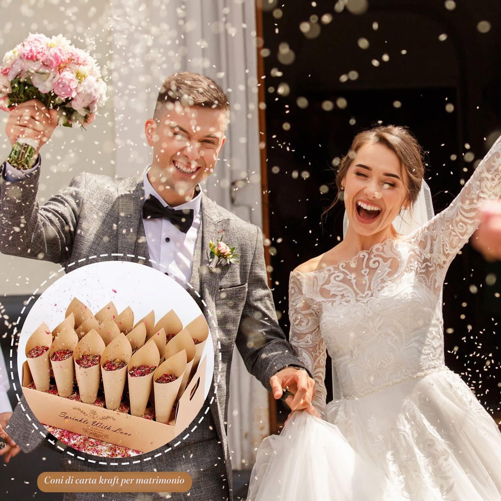 Coni Portariso per Matrimonio 60 Pezzi Carta Kraft con 2 Portacoriandoli, Portaconfetti per Nozze, con Adesivi