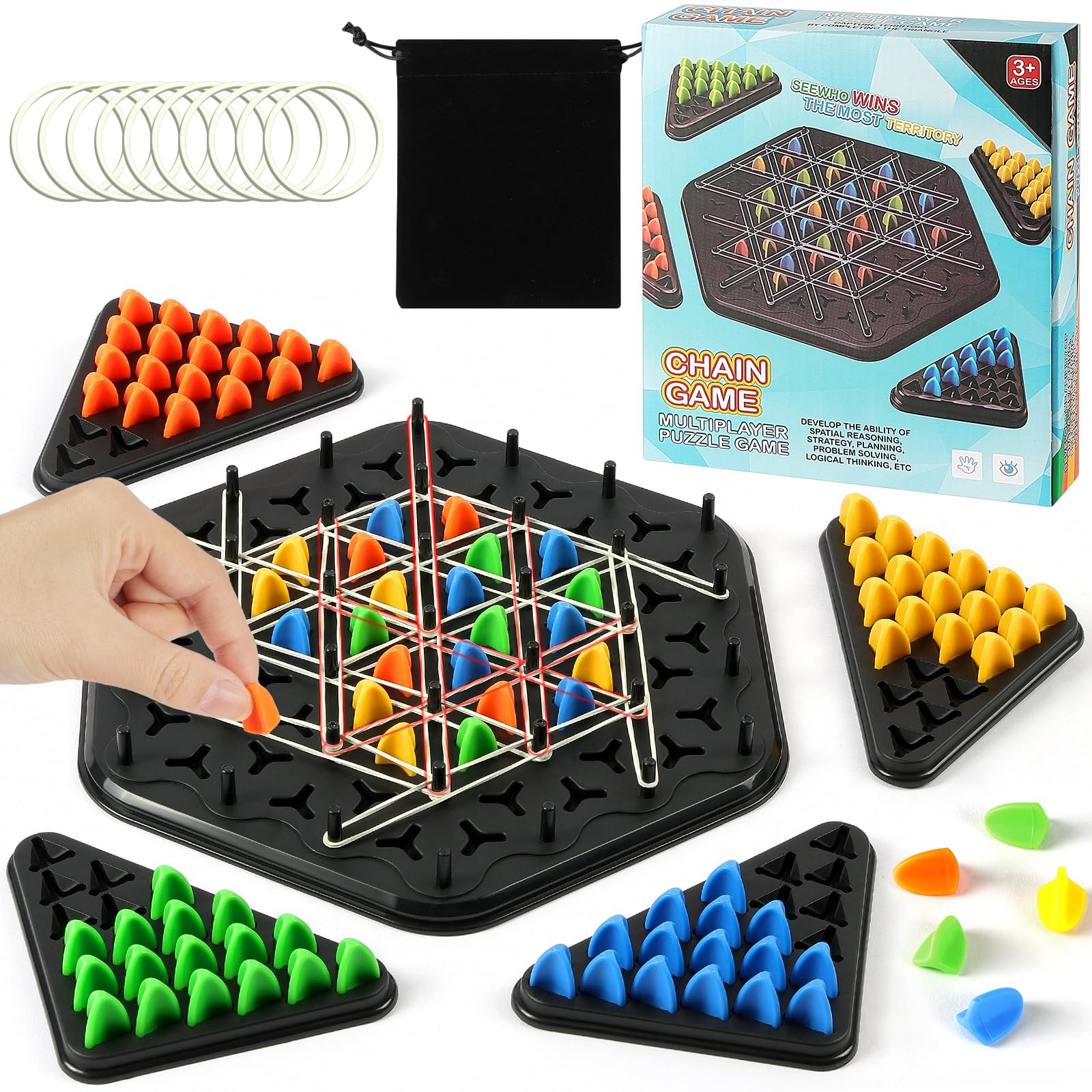 AYESY Geometric Chain Triangle Chess, Triggle Rubber Elastic Band Board, Kids Strategy Game Educational Brain Teaser & Puzzle for 2 to 4 Players - Small