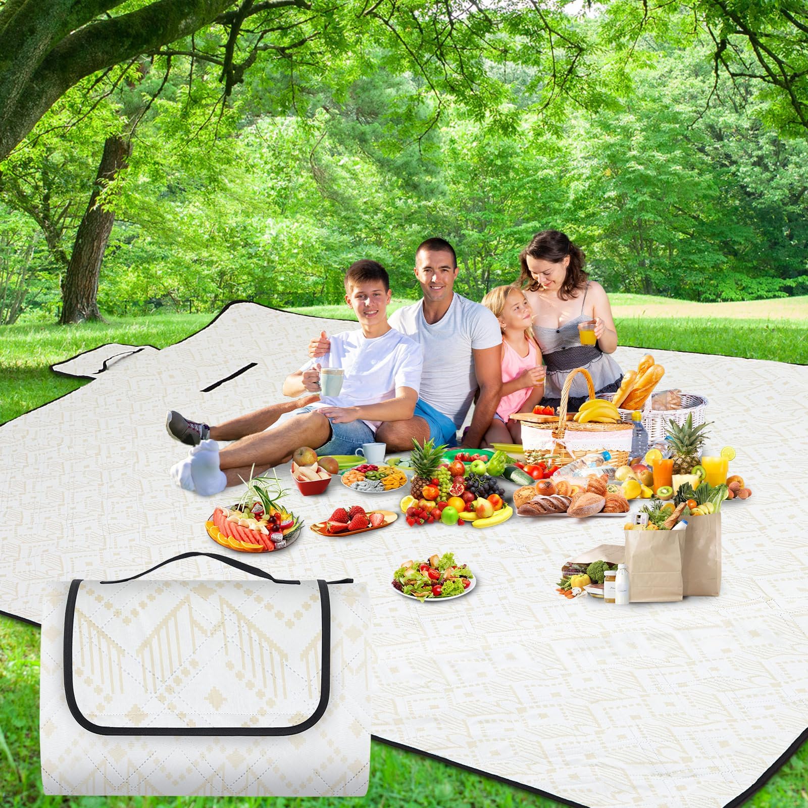 80" x 100" Extra Large Picnic Blankets Beach Mat Sandproof Waterproof Foldable Oxford Blanket Beach Mat Picnic Stuff for Family Camping Hiking Party Park Grass(Yellow and White,Boho)