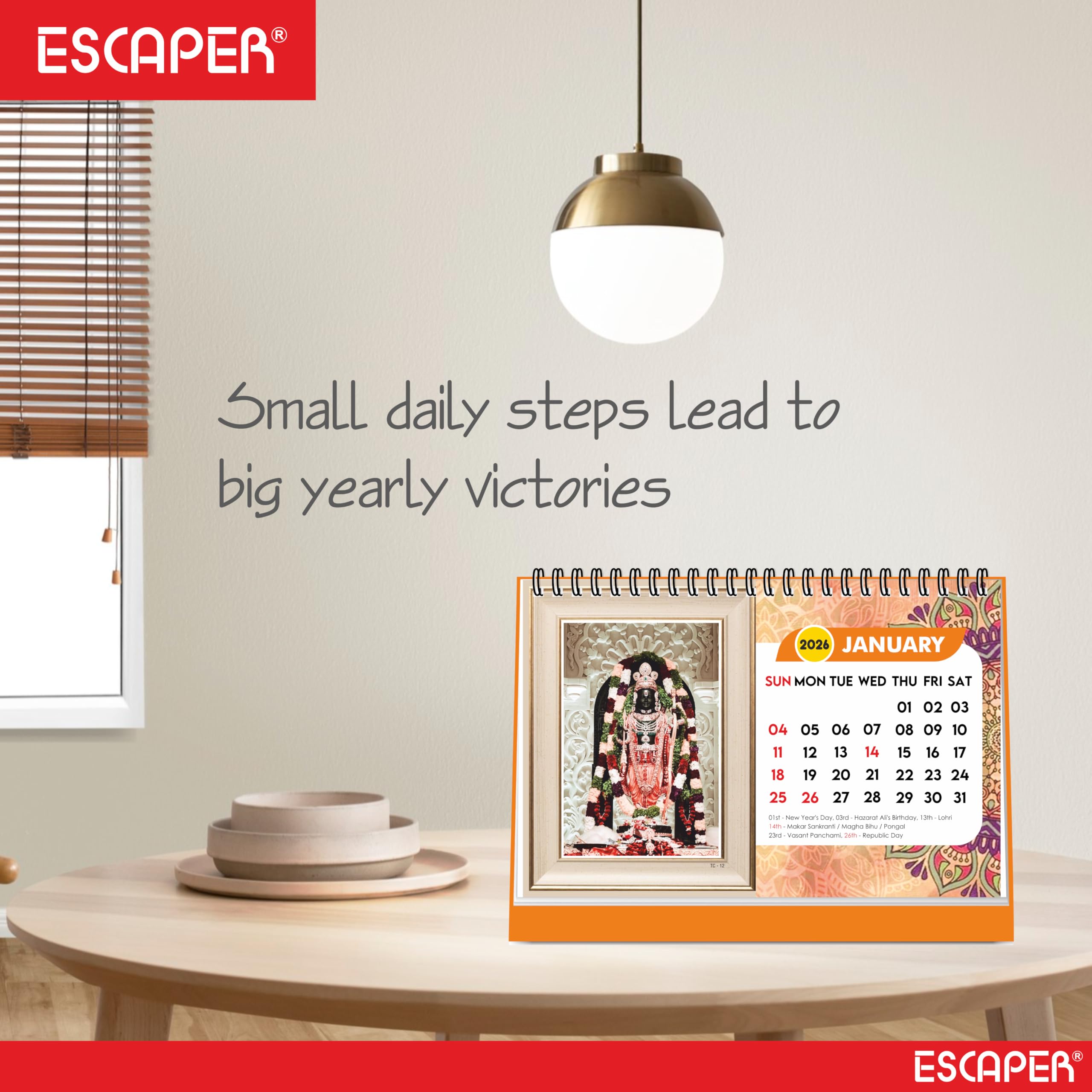 ESCAPER Tischkalender 2026 Hindu-Götter (A5) - Lord Ram, Lord Hanuman, Laddu Gopal & Lord Ganesha Tischkalender, spiritueller & religiöser Tischkalender für Zuhause & Büro