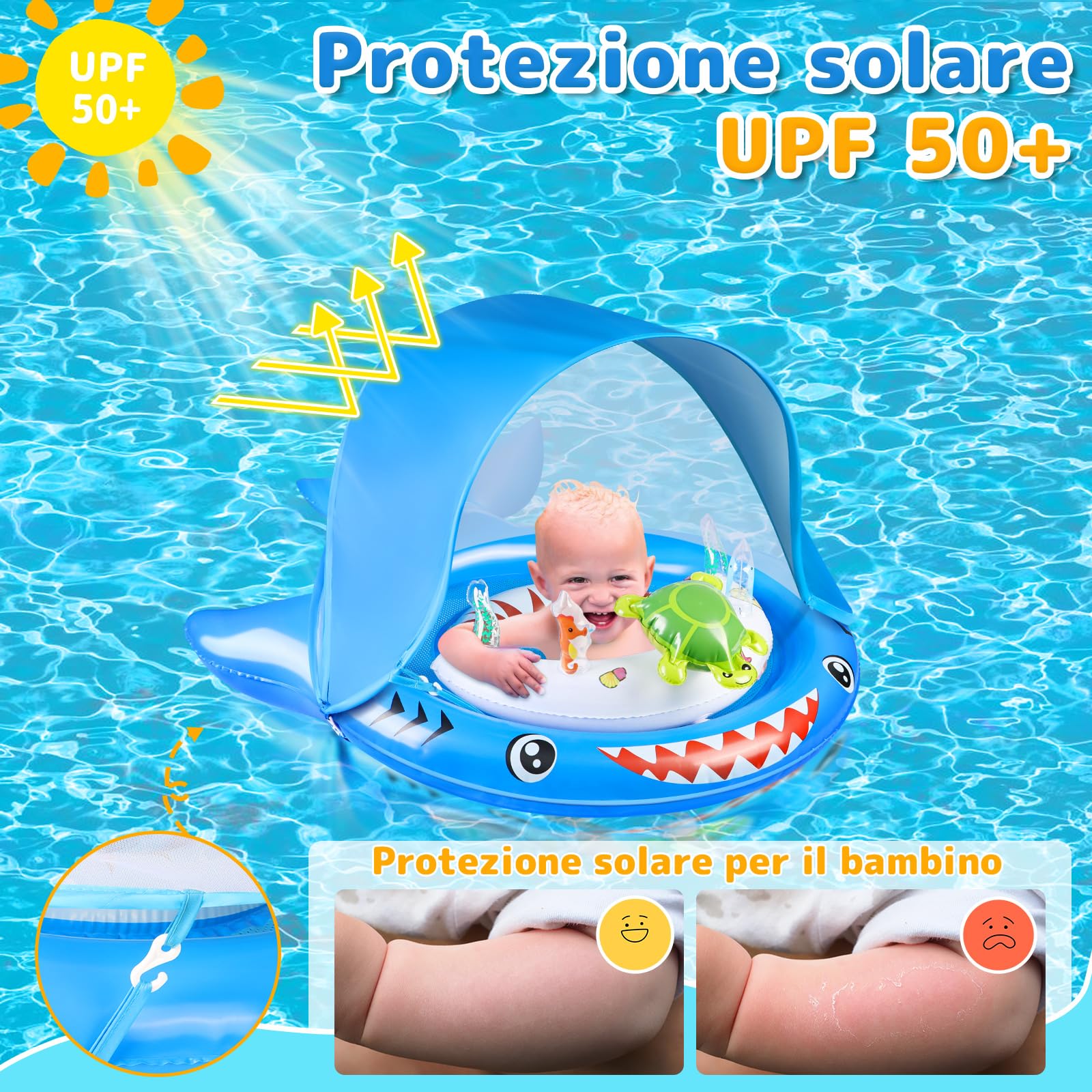IEEILULU Salvagente Neonato, Ciambella Neonato Mare con Parasole Olare Rimovibile UPF50+, Salvagente Bambino con Giocattolo a Forma C Della Tartaruga e Adesivo Riparazione per Bambini da 6 a 36 Mesi