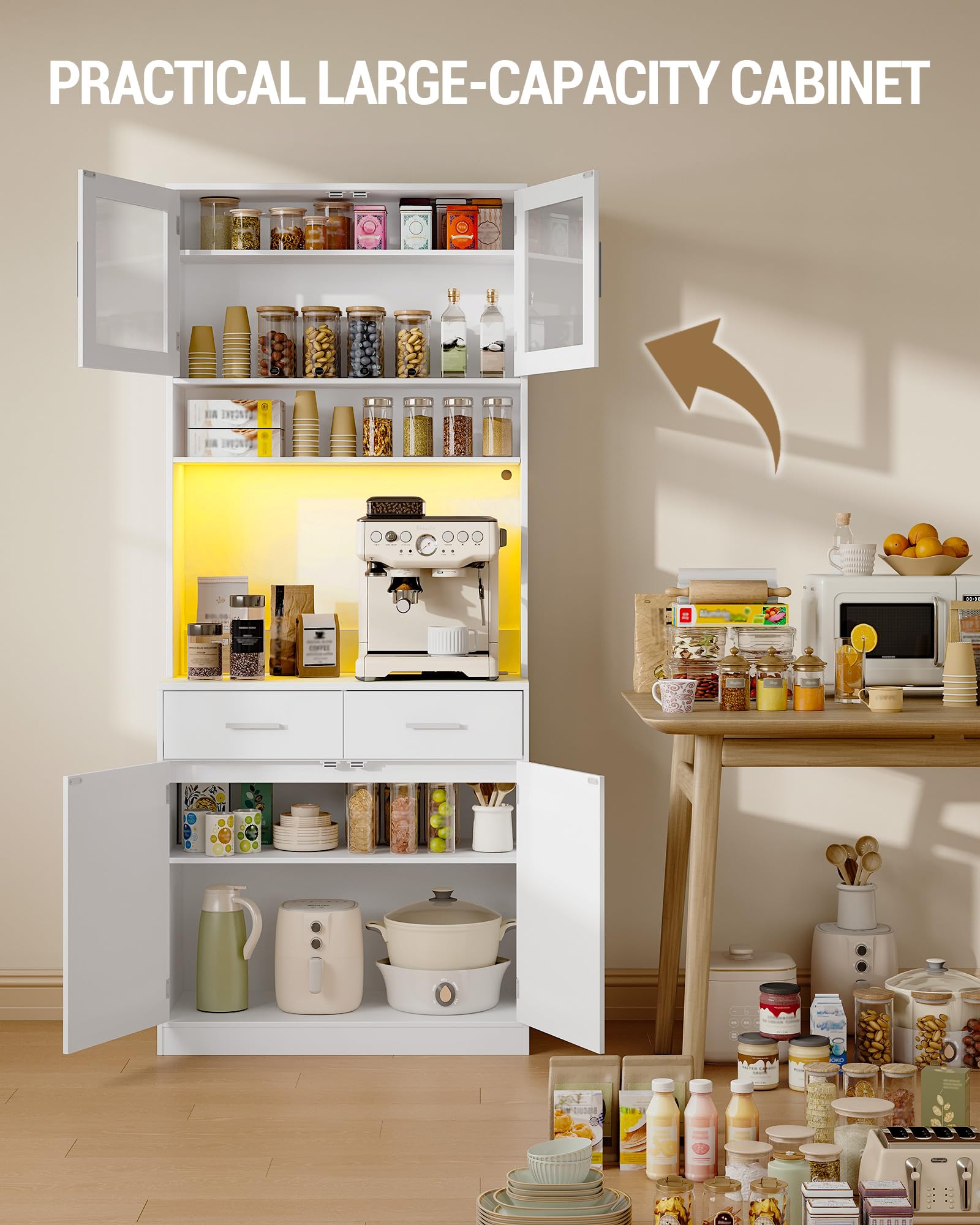 Hzuaneri Buffet, Meuble Cuisine Haut à 2 tiroirs, Meuble de Rangement avec multiprise et éclairage LED, 2 Portes vitrées, Cuisine, Salon, 40 x 80 x 190 cm, Blanc, PT10203XEU