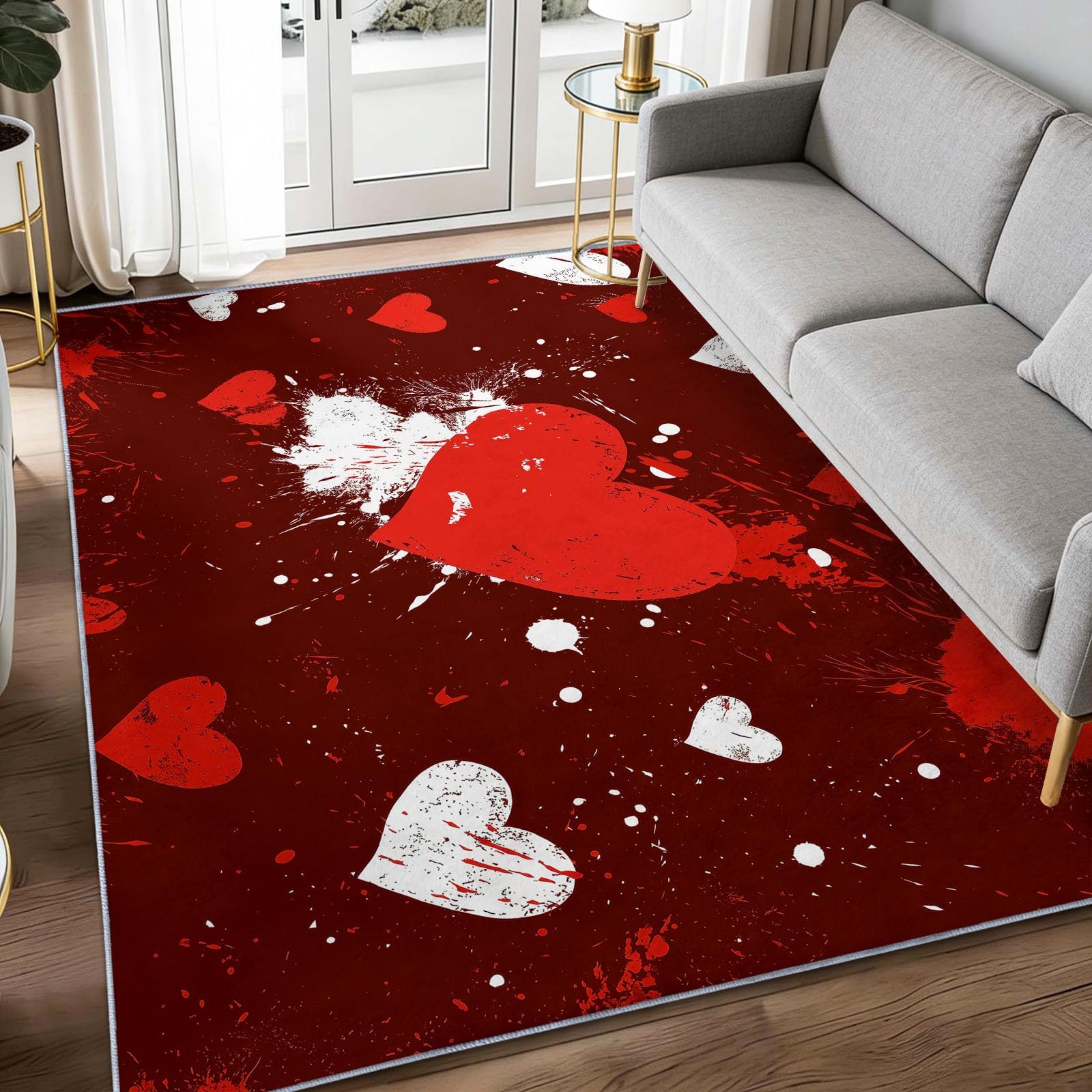Tapis chambre poils courts doux et antidérapant motif cœur rouge