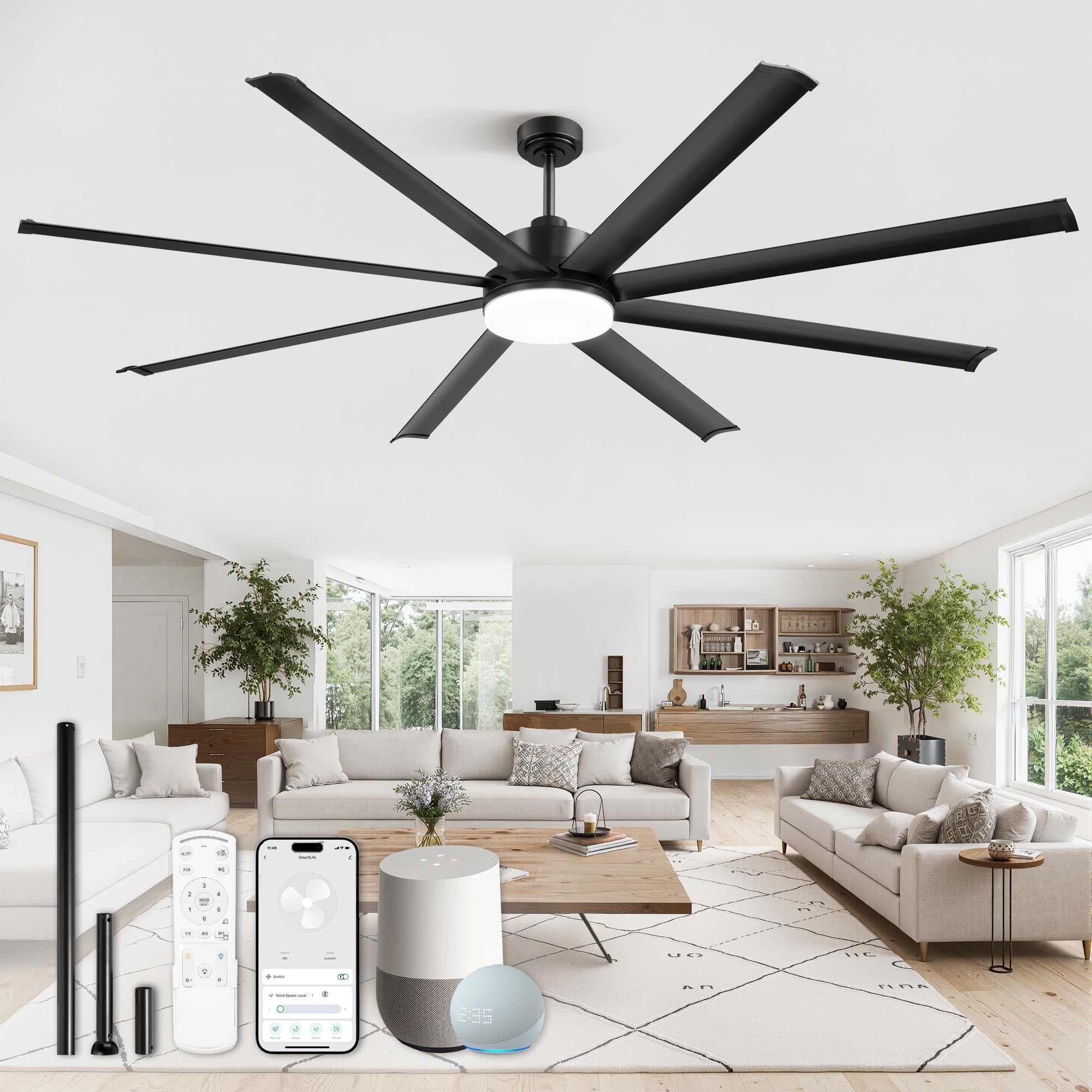 Photo 1 of ***RECOMENDED FOR PARTS/ MISSING REMOTE/NON-FUNCTIONAL WITHOUT REMOTE**** ZMISHIBO 84 Inch Ceiling Fan with Light, Smart Fan Light Compatible with Alexa, 3000-6000K Dimmable, 6 Speeds, Large Industrial Ceiling Fans with 8 Black Aluminum Blades for Patio L