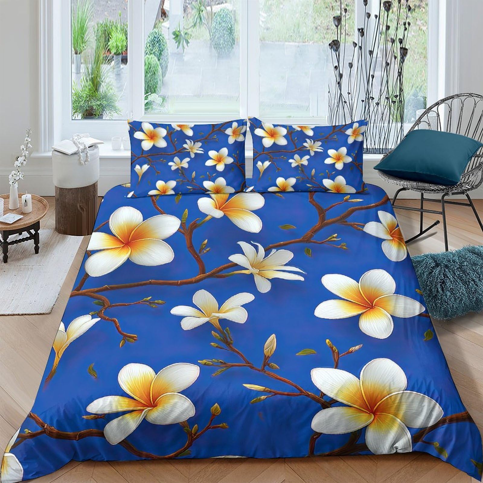 Ctjqhvkz Style-8 3D Printed Plumeria Blossoms Fitted Sheet Microfiber Soft Blue Tropical Mattress Cover For Bedroom Guest Room Decor Single（135X200cm）
