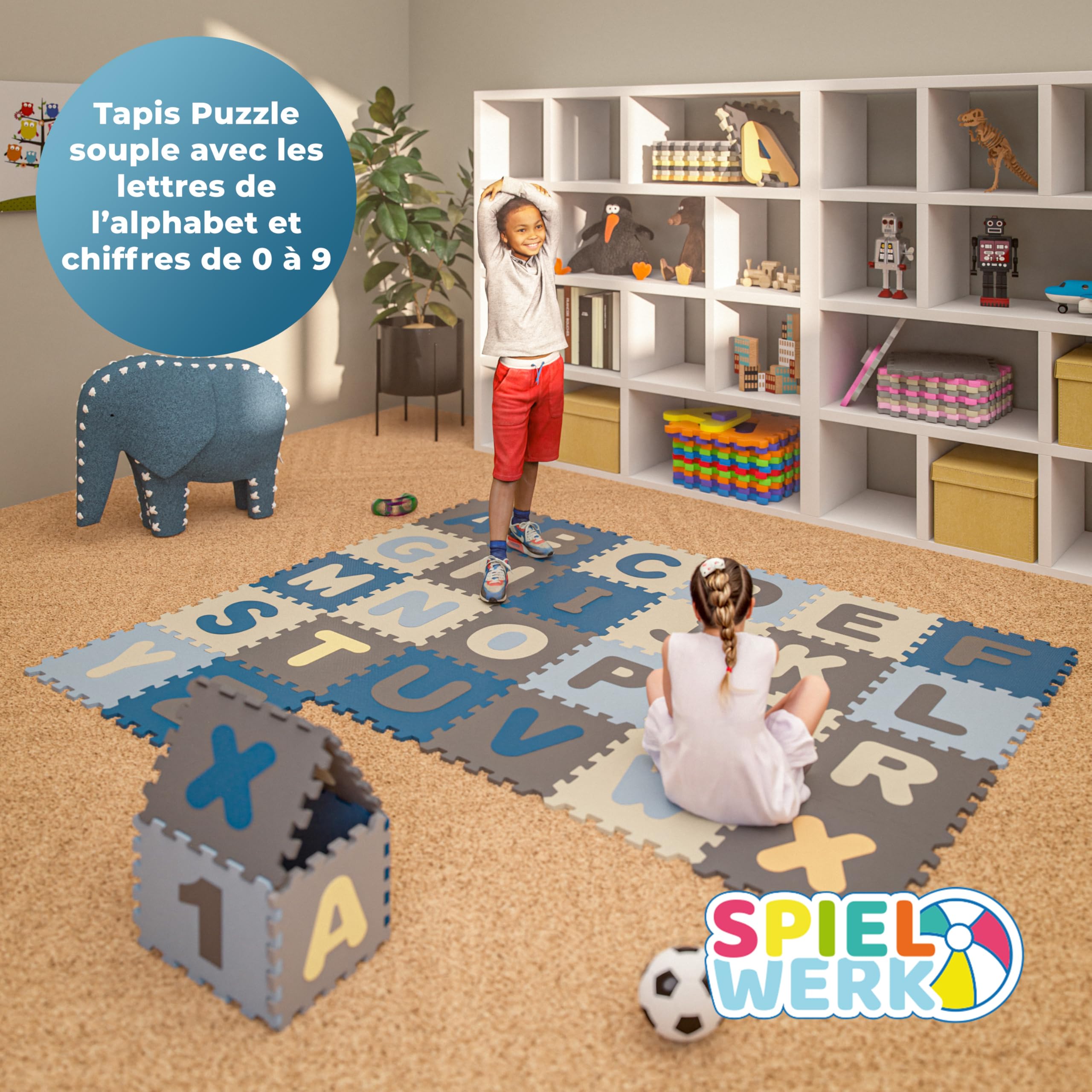 SPIELWERK Tapis Puzzle d'éveil et de Jeu Bleu - Dalles en Mousse XXL pour bébé ou Enfant Bas âge - Anti-dérapantes, avec Alphabet et Chiffres, 86 pièces, 36 Dalles de 30x30cm