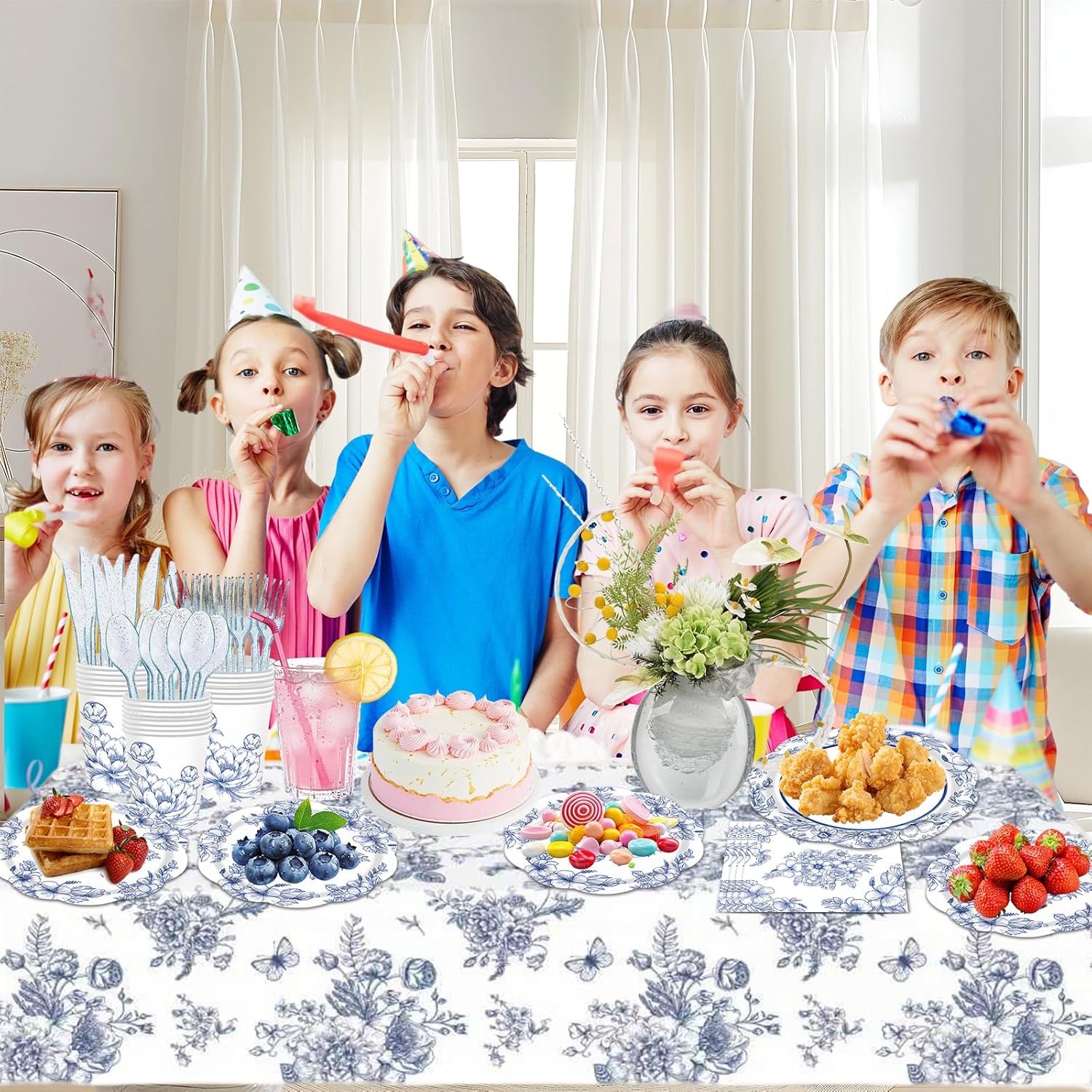 402 Pcs Blue Floral Plates Napkins Cups and Tableclouths Sets - Serves 50, Vintage Floral Disposable Paper Plate for Wedding Birthday Baby Shower Party Chinoiserie Decorations