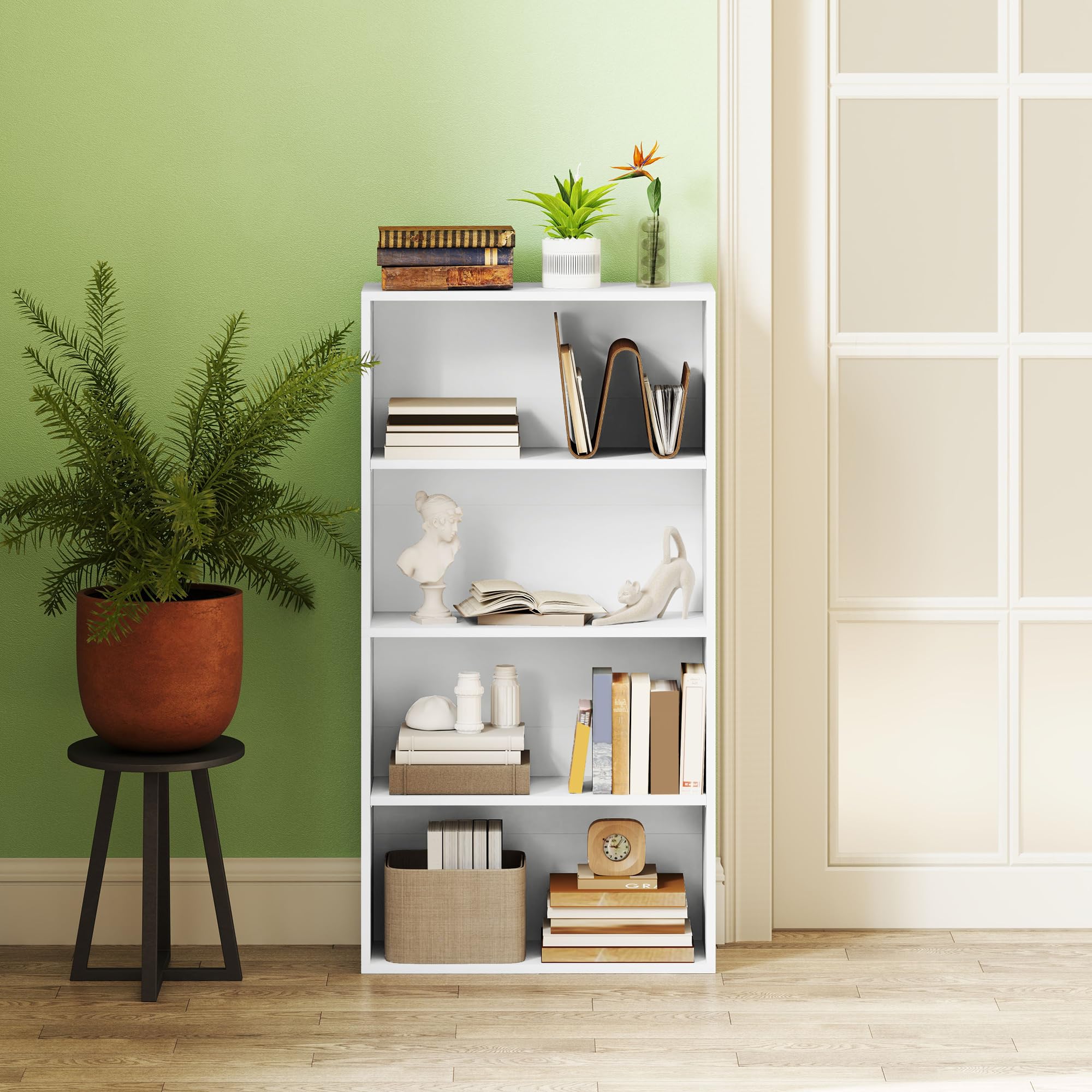HOMCOM Librería de 4 Niveles Estantería de Libros con 2 Estantes Ajustables para Sala de Estar Oficina Dormitorio 60x24x115,5 cm Blanco