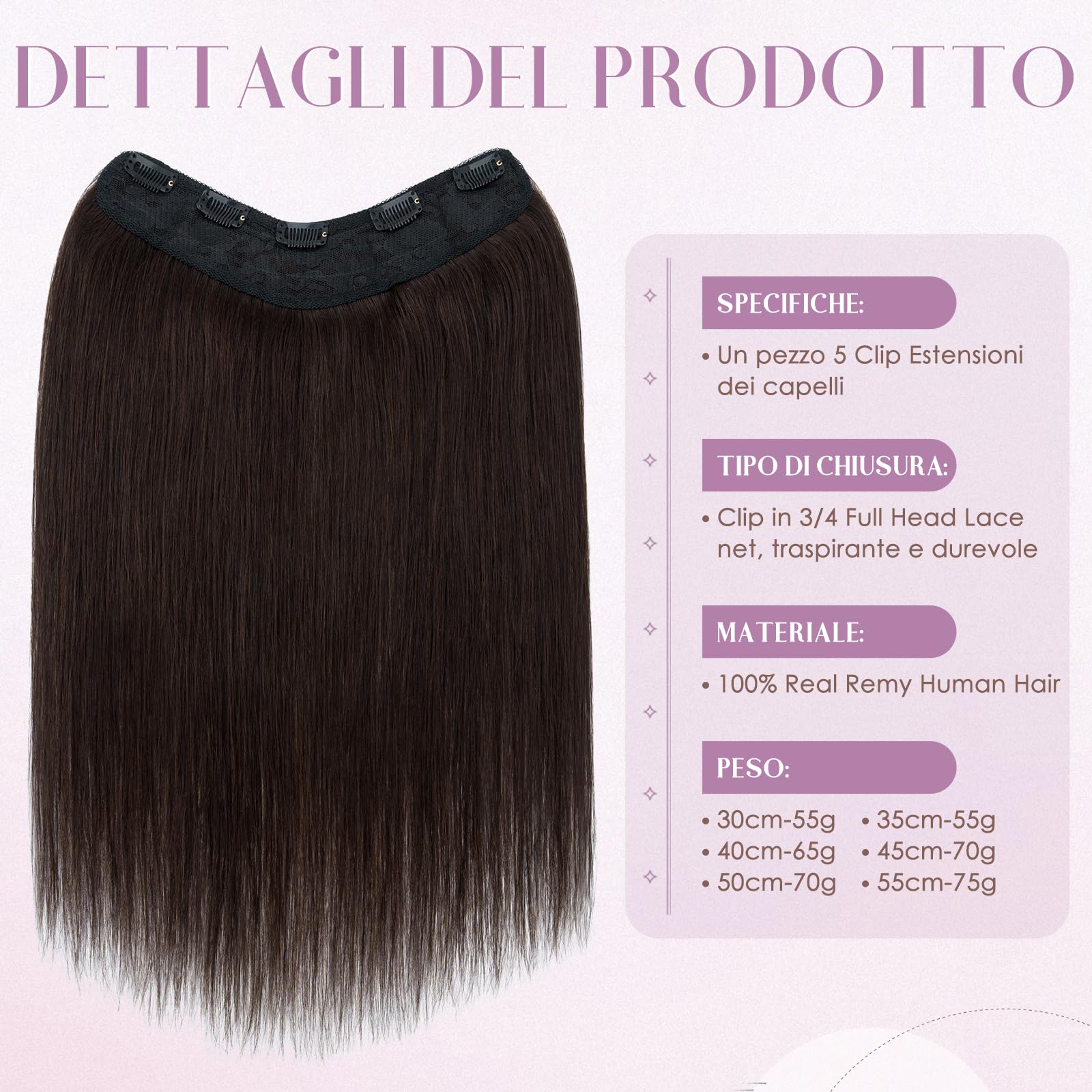 Estensioni Clip In 100% Remy capelli umani per le donne marrone scuro liscio spesso V-forma un pezzo con 5 clip, 45cm 70g