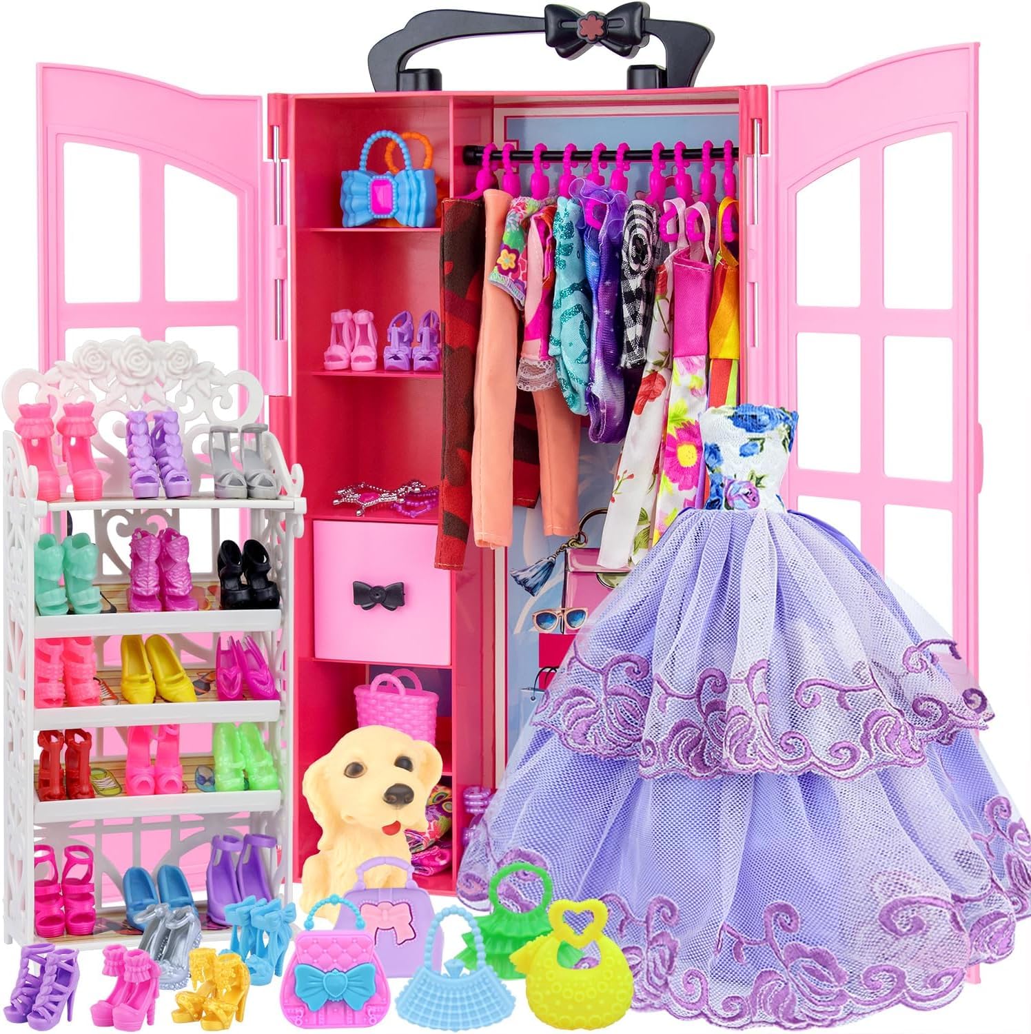 120 Pièces Vêtements et Accessoires avec Armoire pour Poupées 11.5 Pouces | Inclut Robe de Mariage Ensemble, Tenues de Mode Hauts, Pantalons Chaussures, Sacs, Collier, Cintres dans un coffret cadeau