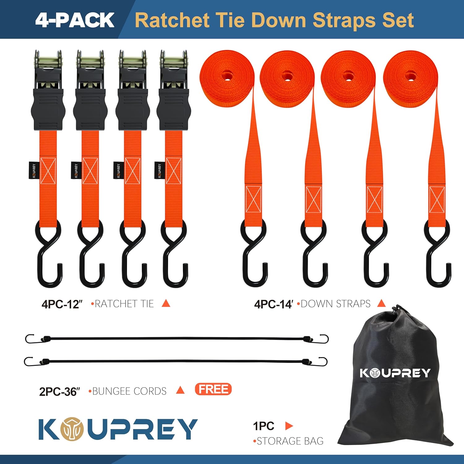 Ratchet Straps,Boat Tie Down Straps to Trailer, Motorcycle Straps,Kayak Tie Downs, 4-PK 1" x 15ft, 1800 LB Break Strength Safety S-Hook & 2 Bungees, Rubber Coated Handle Orange