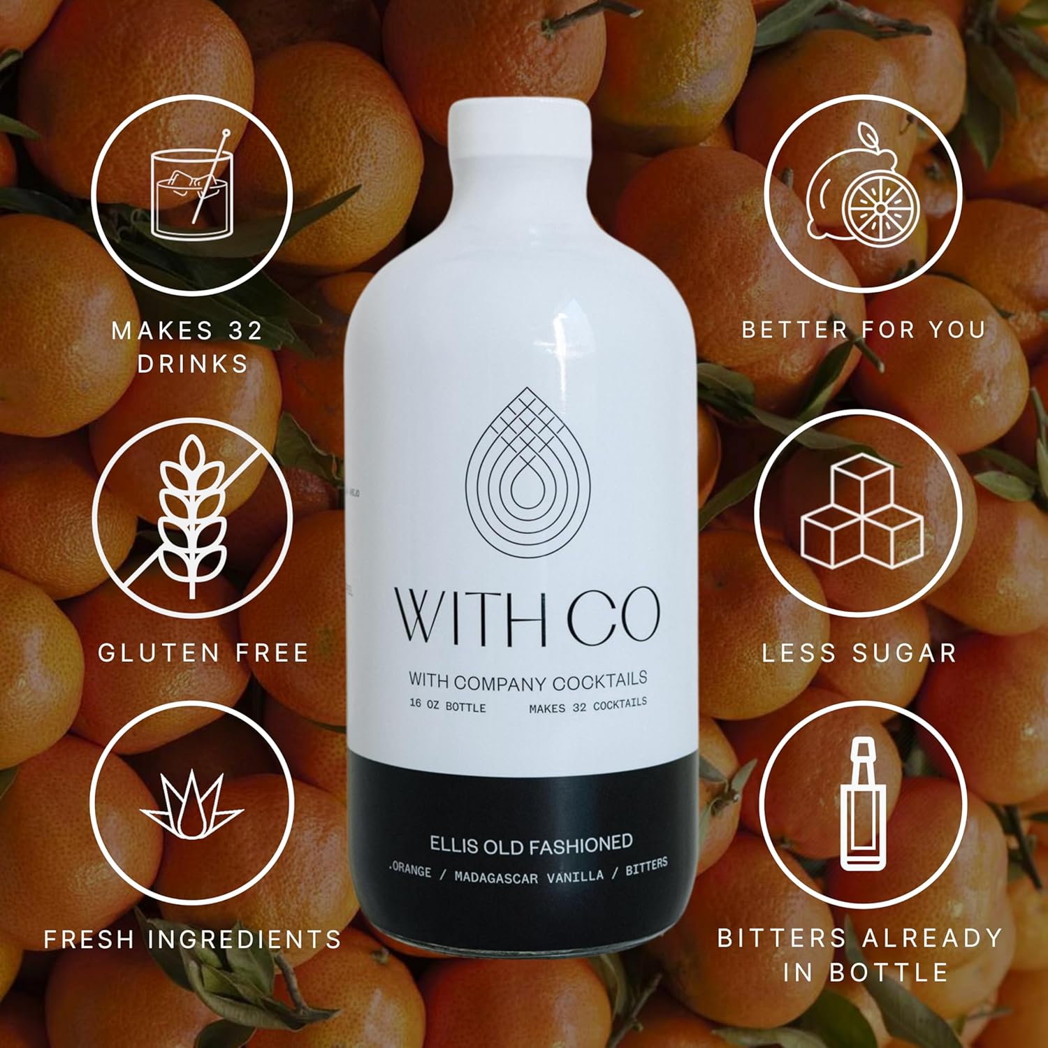 WithCo Ellis Old Fashioned Mix Cocktail Drink Mixer - Madagascar Vanilla, Orange, Angostura Bitters & Cinnamon - Ideal for Whiskey, Bourbon, Mezcal, & Mocktails - Makes 32 Cocktails, 16 oz