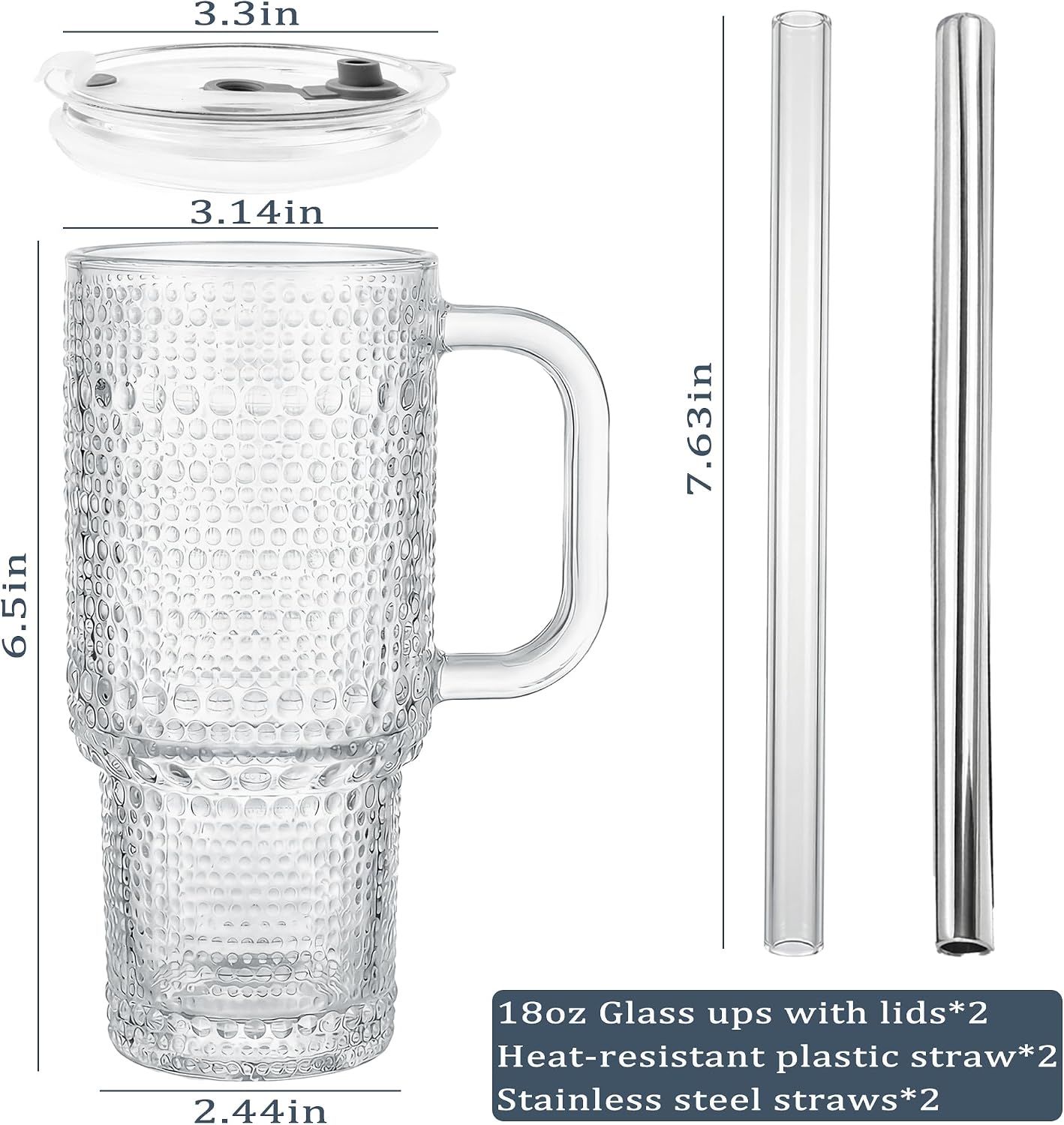 WACOI Thick Hobnail Glass Cup with Lids and Straws 18 oz, 2 Pack Upgraded Version Iced Coffee Tumbler Cups with Stainless Steel Straws and Leak-proof Sealing Lid