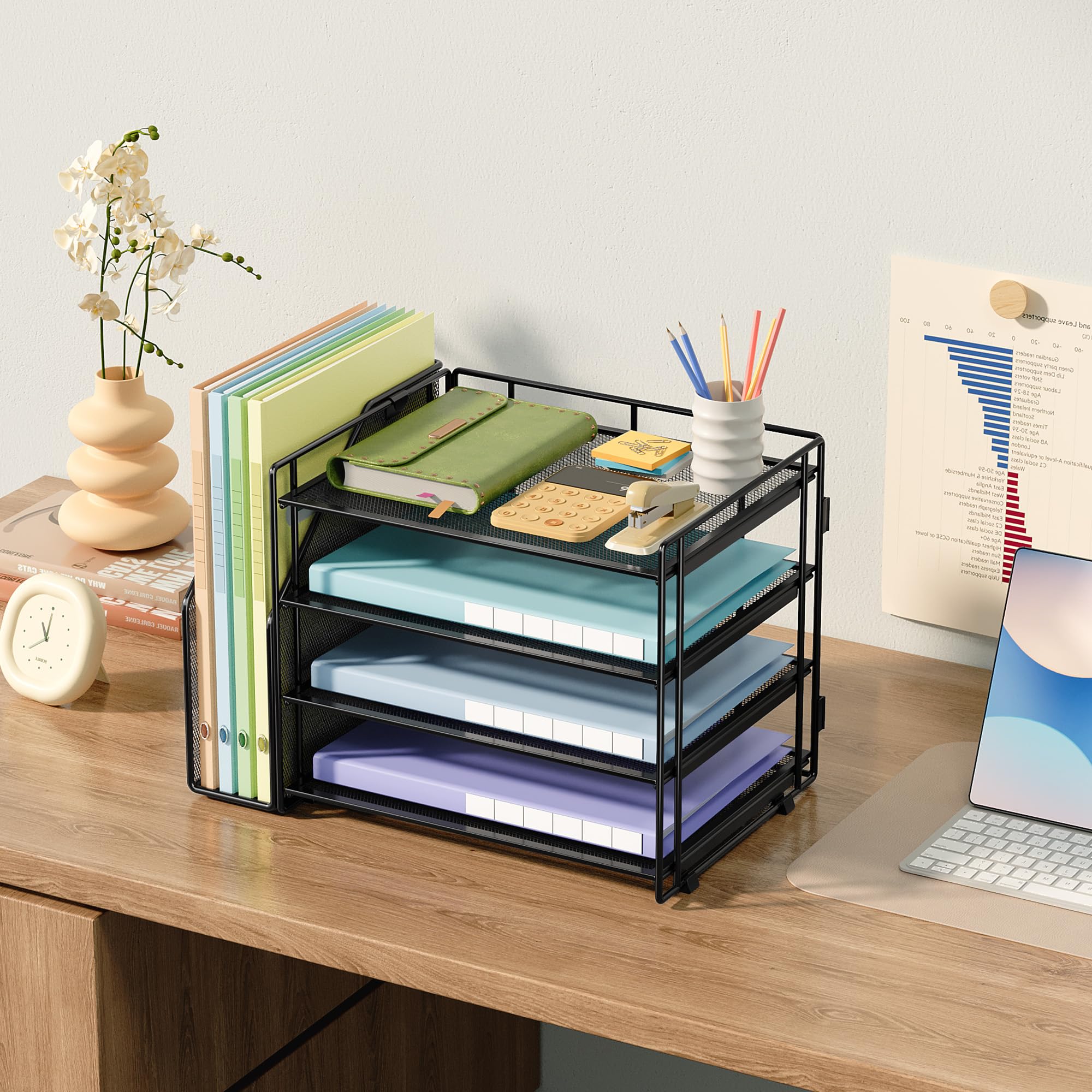 VITVITI Bac de rangement de bureau à 4 niveaux, porte-papier avec porte-dossier latéral, outil de rangement de bureau pour les magazines, la maison, l'école, les accessoires de papeterie - Noir