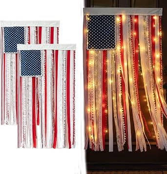 4 X 2.3 Ft Lighted Rag American Flag Banner,Independence Day Retro American Flags Bunting,4th of July Decorations Outdoor,for Outdoor Indoor Home Garden Porch Party Decor Farmhouse
