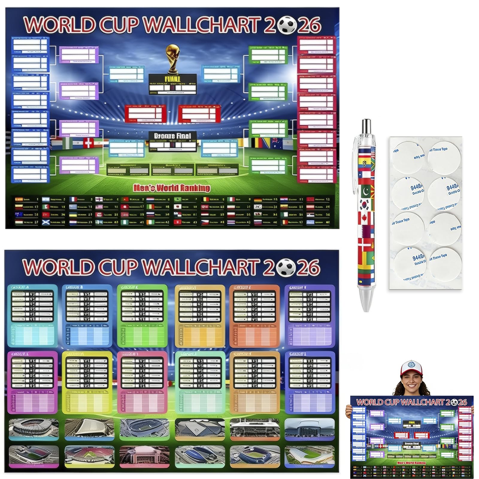 Wihozte Colorful World Cup Football 2026 Poster, 2 Pcs 58×87Cm Schedule Poster + 1 Writing Pen + 2 Packs 16 3M Sponge Double-Sided Adhesive Interactive Tournament Wallchart Crazy Soccer Fan Great Gifts